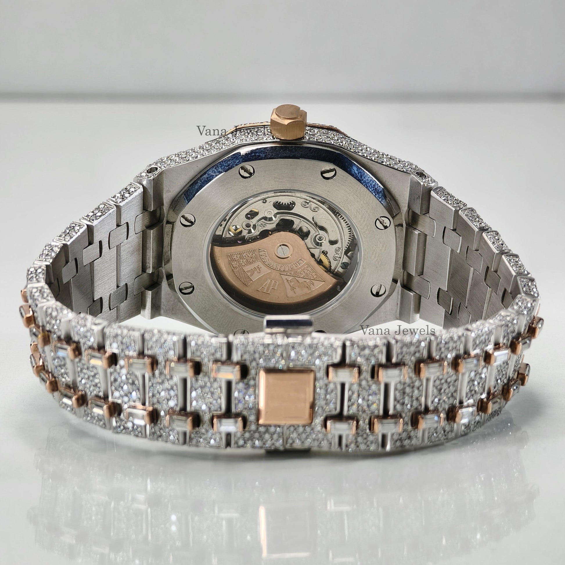 Round & Baguette Cut Two-Tone Iced Out Moissanite Diamond Watch - Vana Jewels