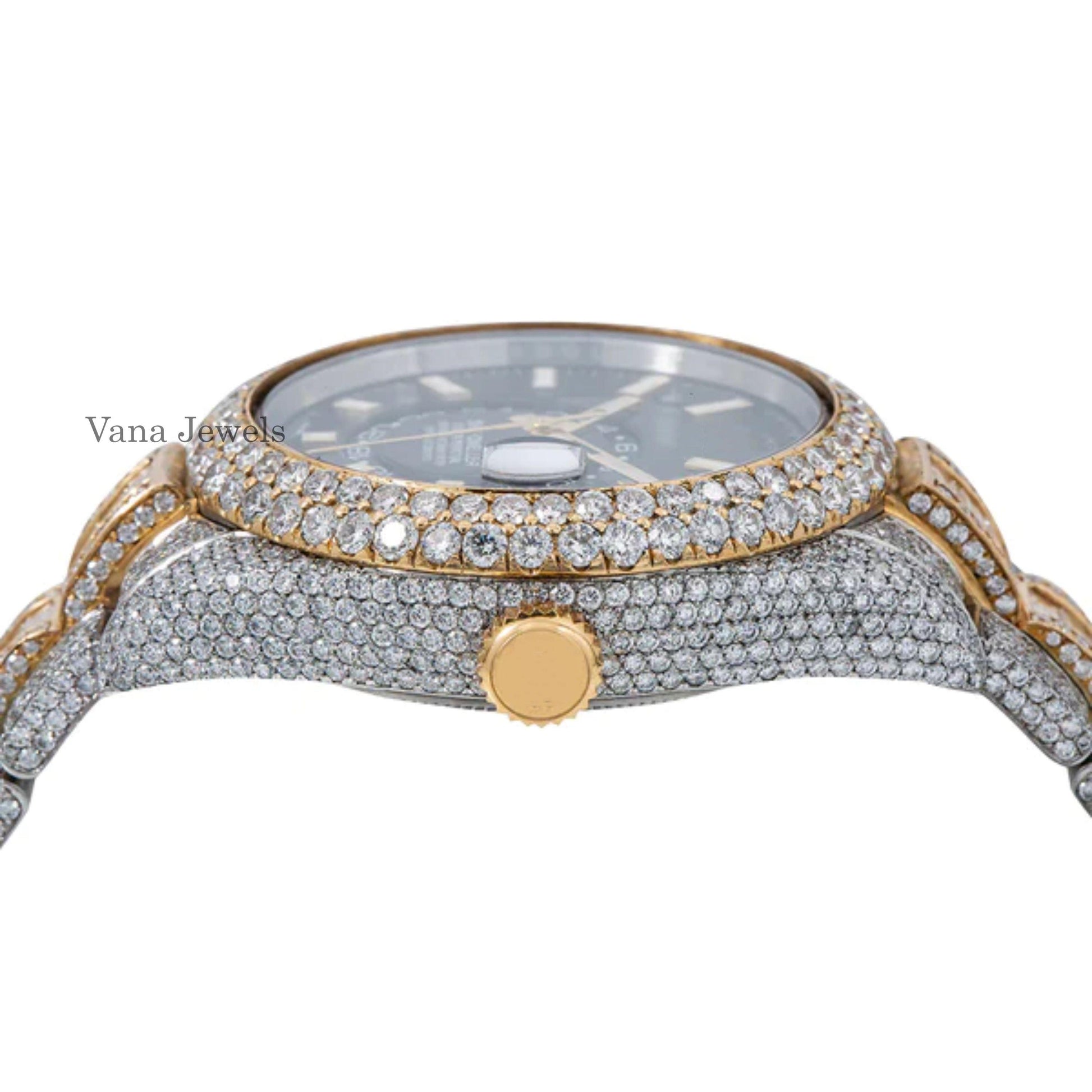 Two Tone VVS Moissanite Round & Baguette Cut Diamond Watch - Vana Jewels