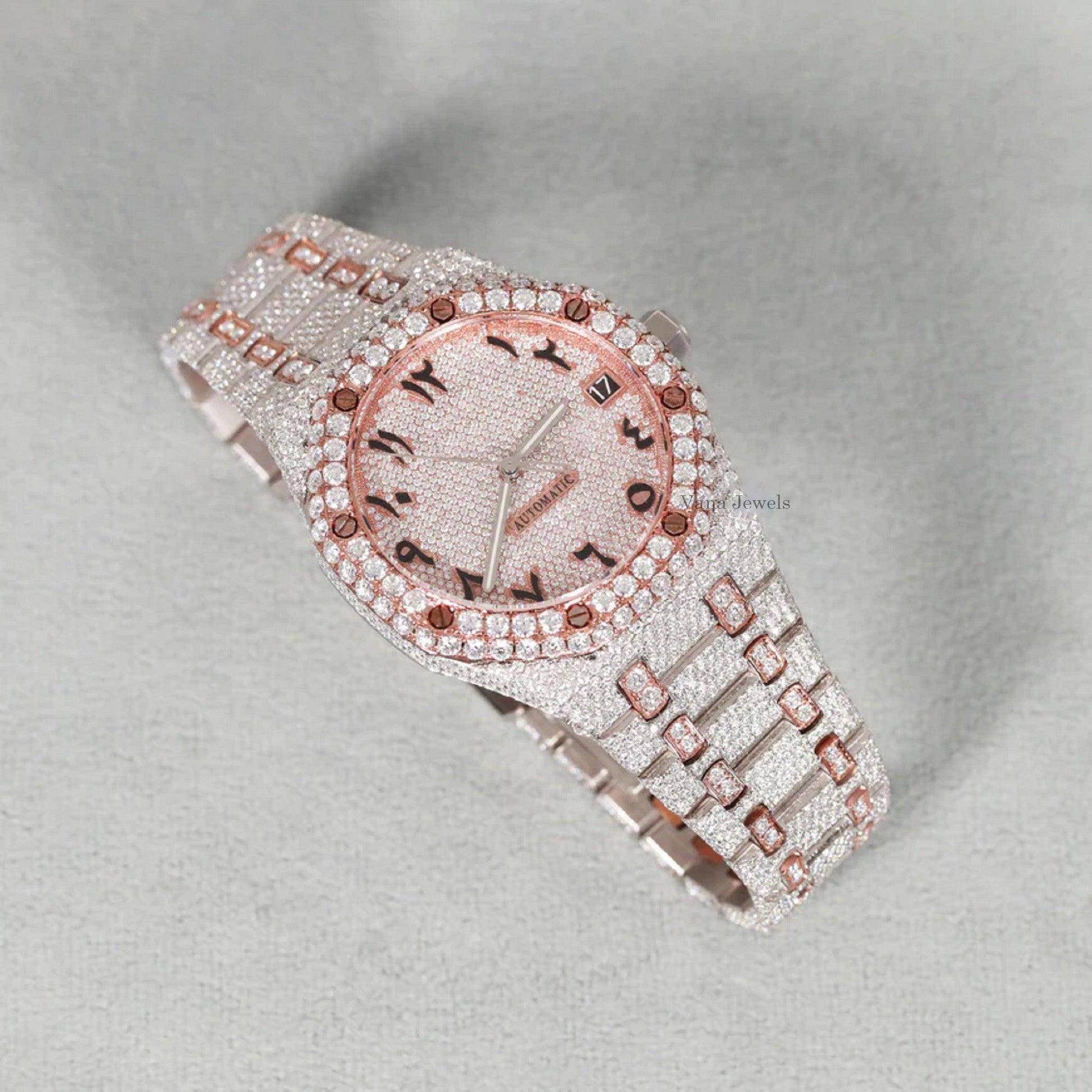 Iced Out Two-Tone Arabic Dial with VVS Moissanite Diamond Watch - Vana Jewels