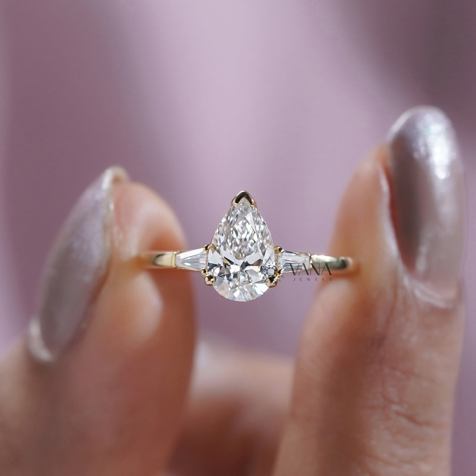 Three Stone Pear Cut Lab Grown Diamond Engagement Ring for Women
