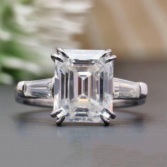 3.92 CT Emerald and Tapered Baguette Cut Three Stone Moissanite Engagement Ring - Vana Jewels