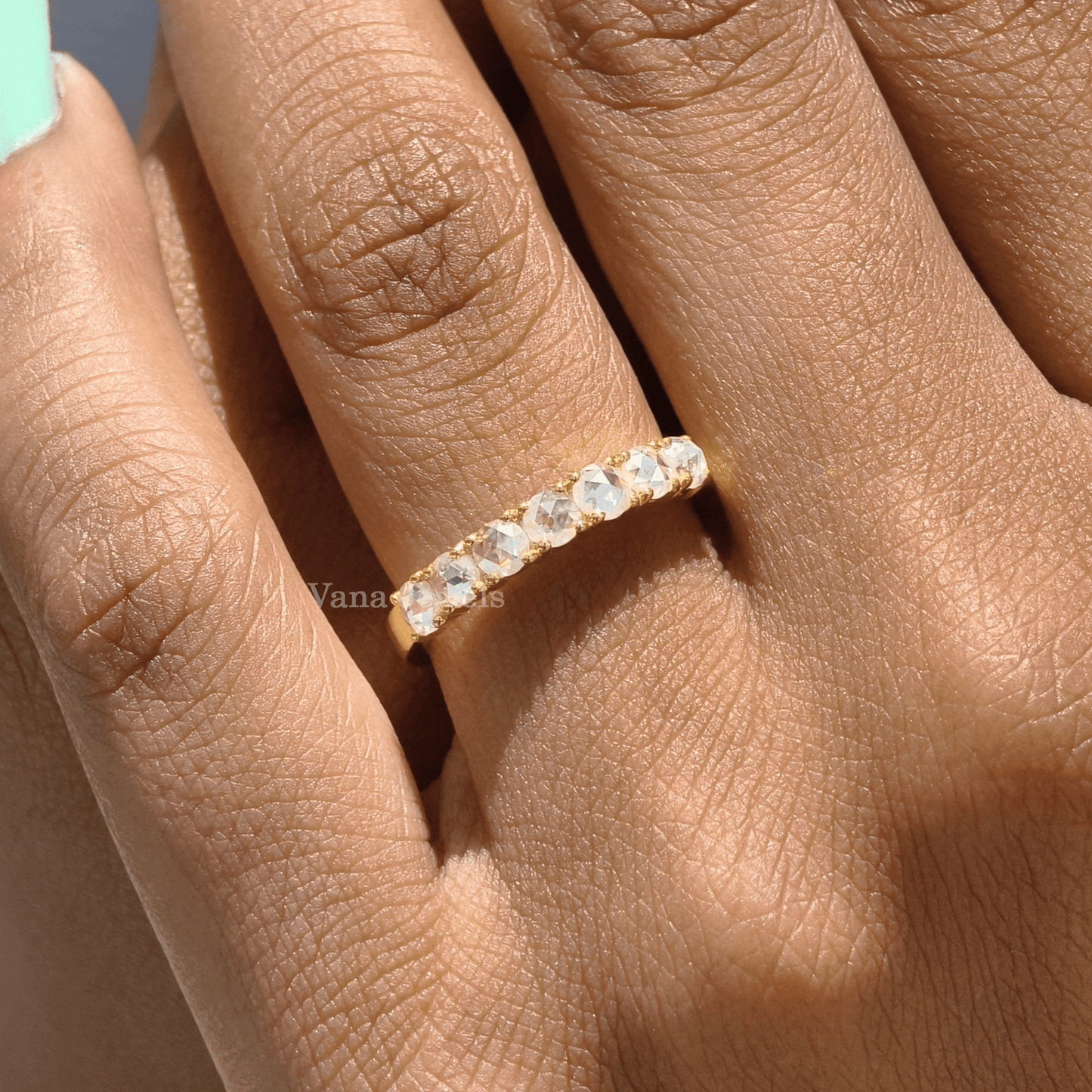 3 MM Round Rose Cut Moissanite Band, Seven Stone Wedding Band. - Vana Jewels