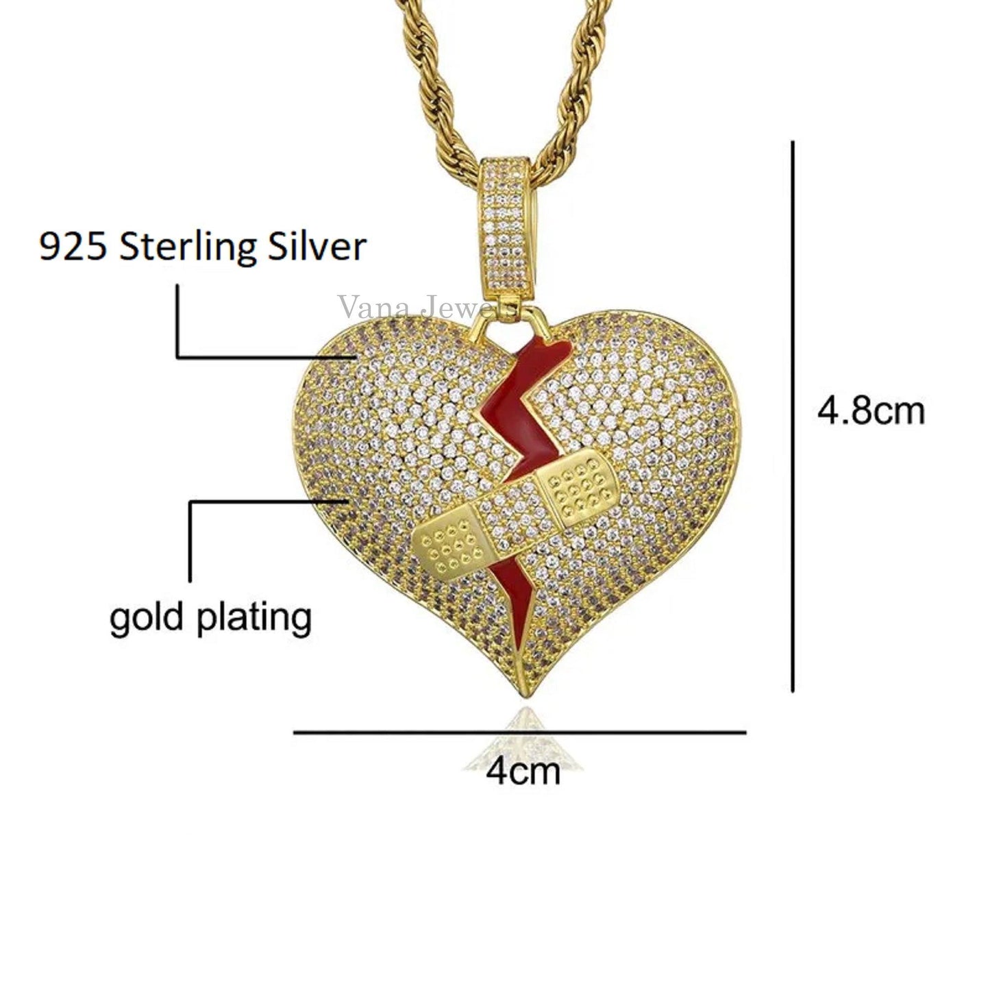 925 Silver Broken Heart Iced Out Pendant - Vana Jewels