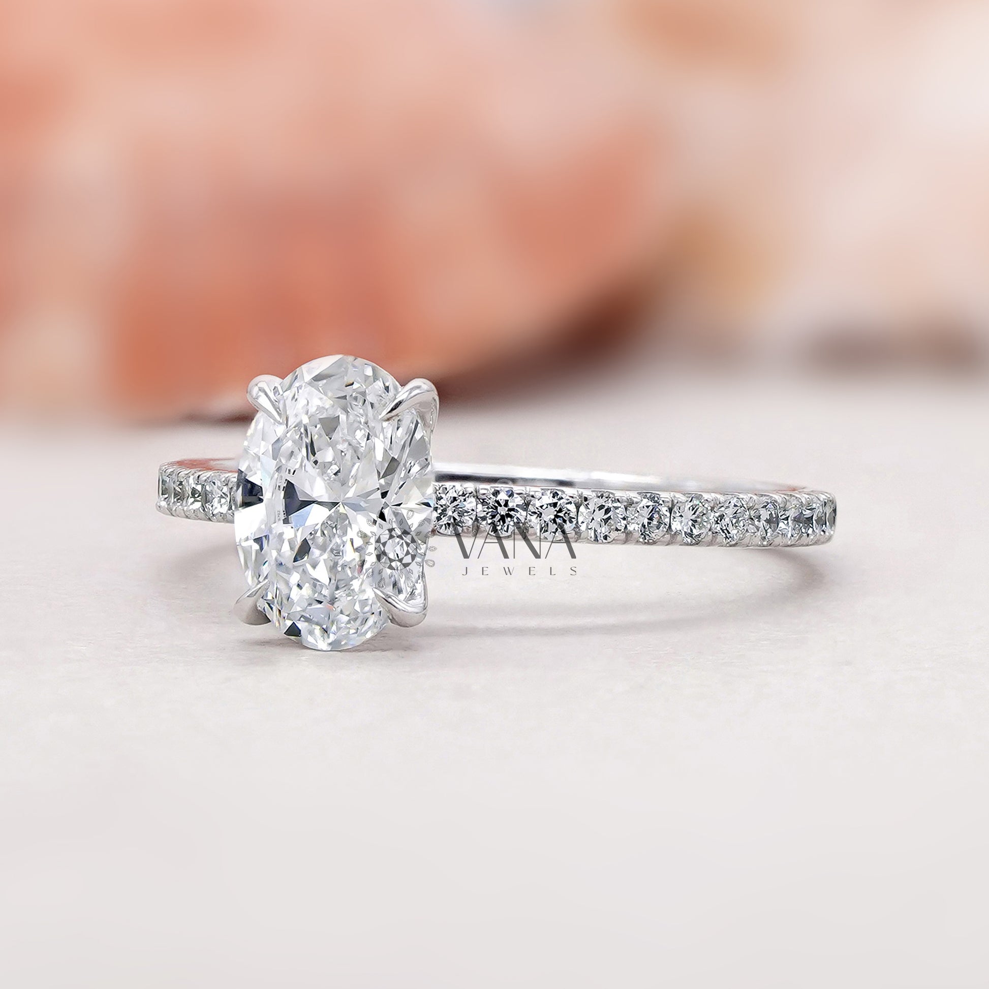 Oval Cut Lab Diamond Ring with Pave Band
