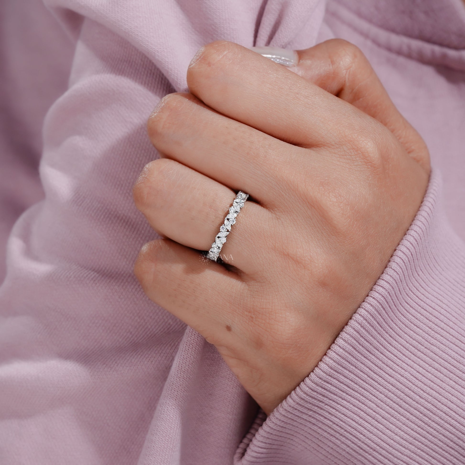 marquise and round lab grown diamond wedding band
