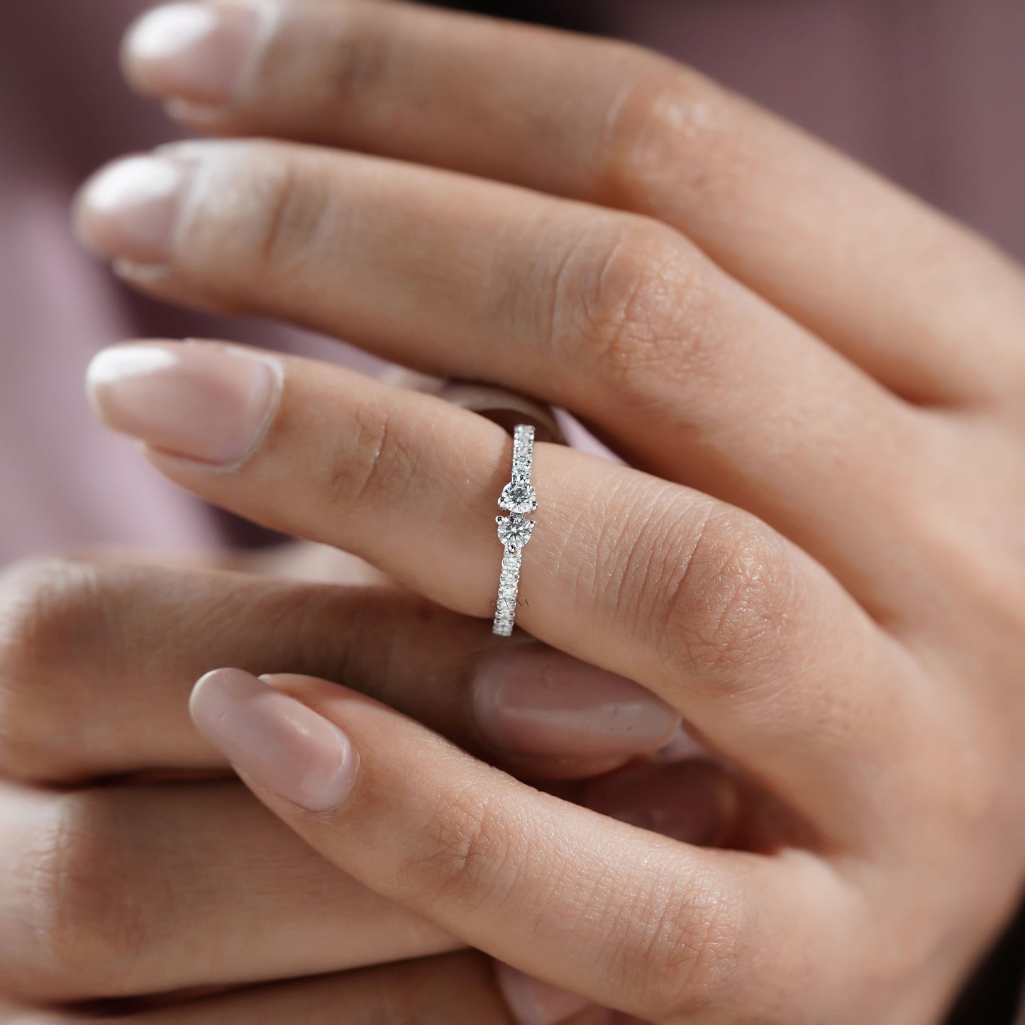Two Stone Lab Grown Diamond Wedding Band, White Gold Toi et Moi Style Ring