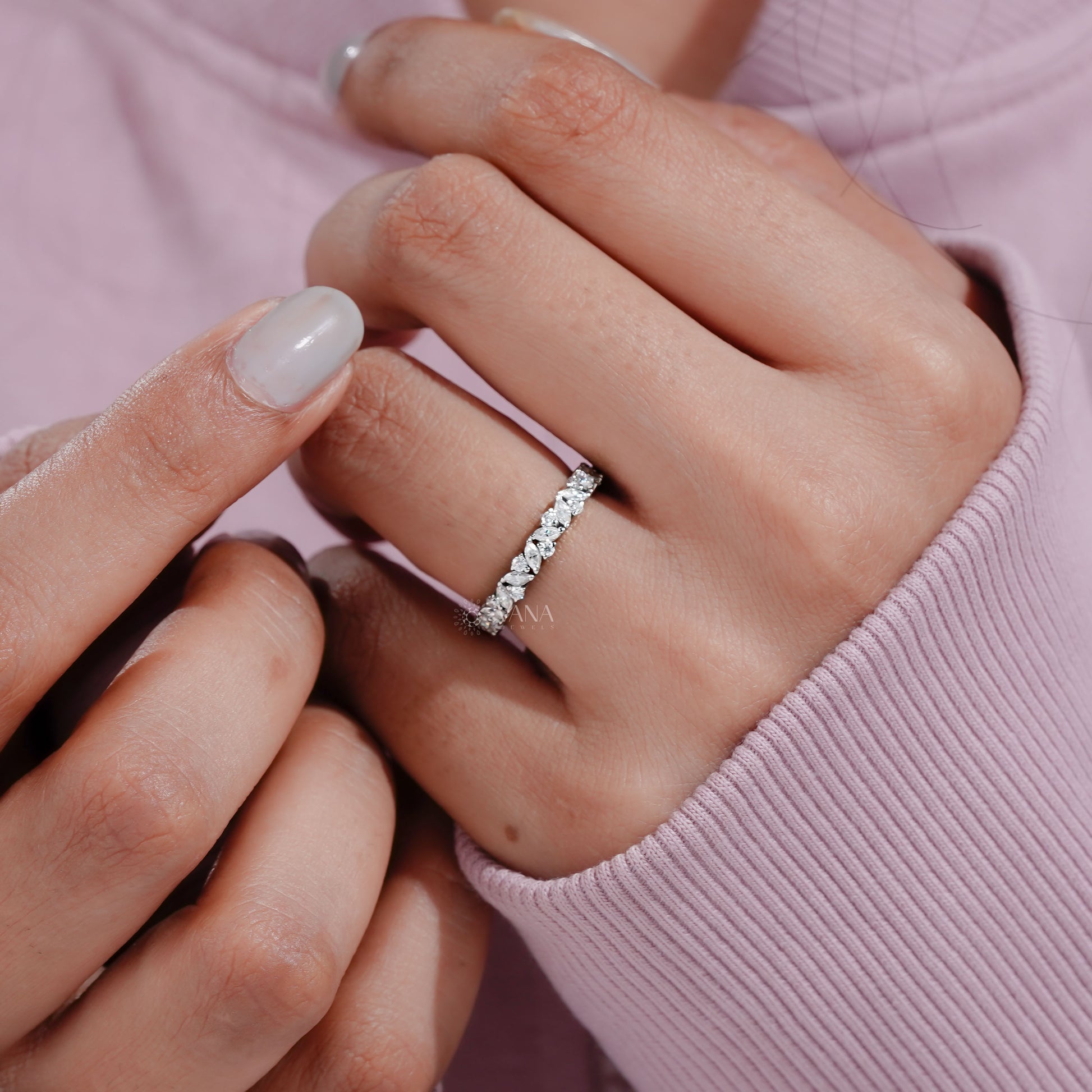 Marquise and round cut lab diamond wedding band
