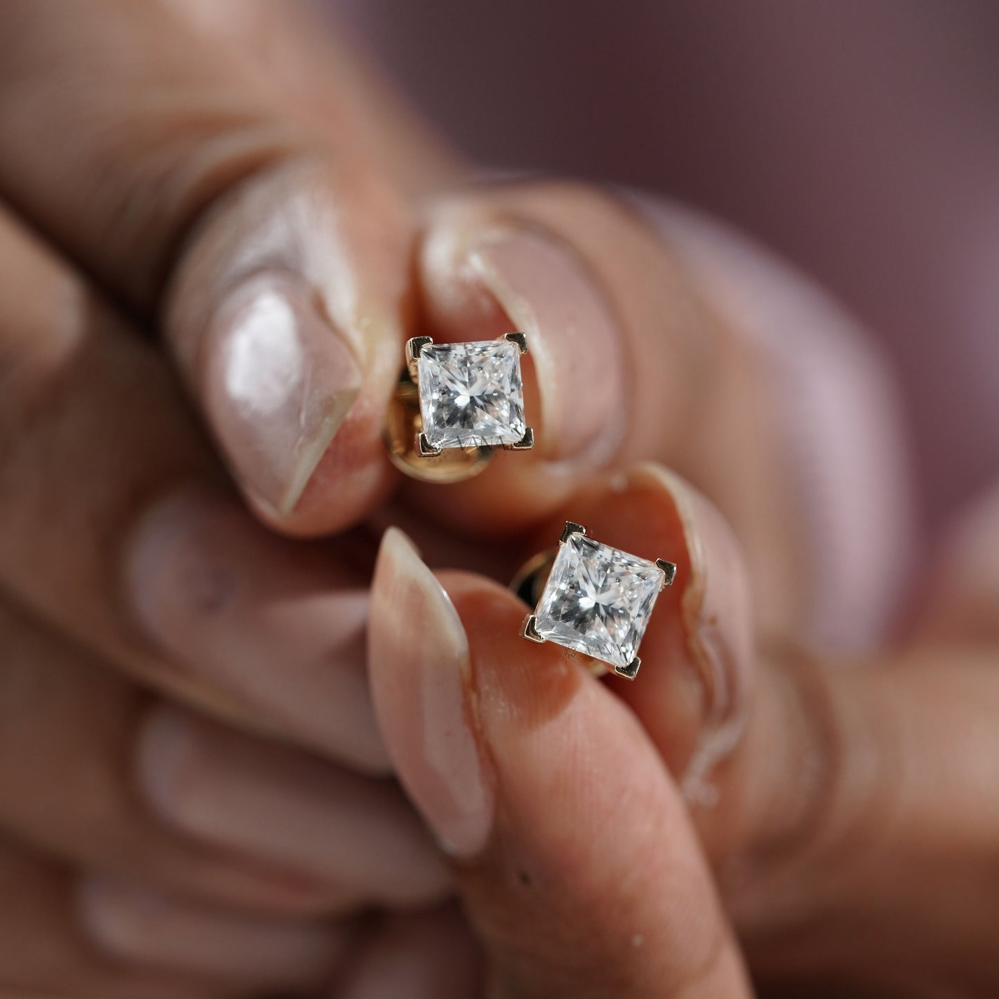 Princess Cut Lab Grown Diamond Stud Earrings Classic Four Prong Setting