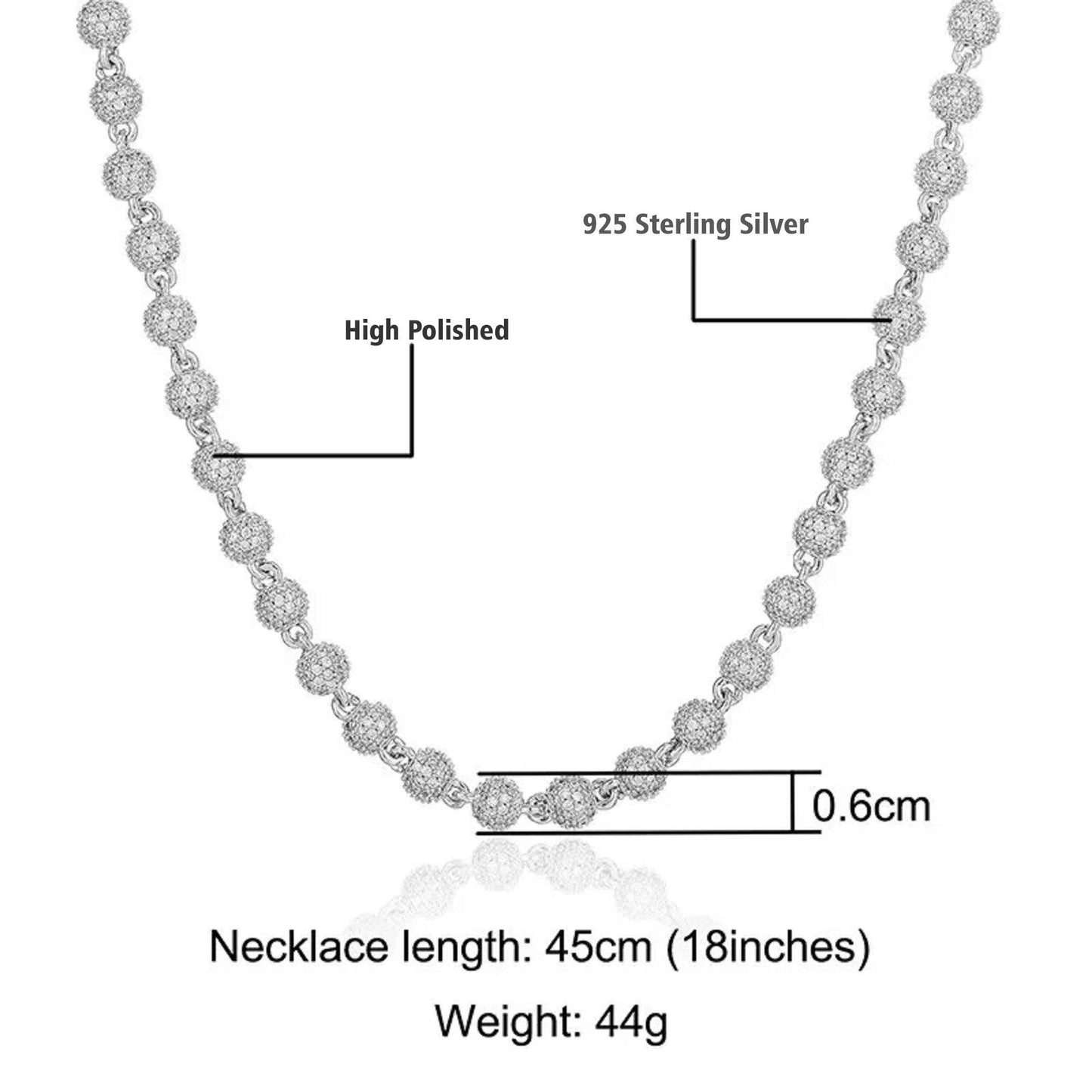 6mm Sterling Silver Moissanite Diamond Hip Hop Ball Chain Necklace For Men - Vana Jewels