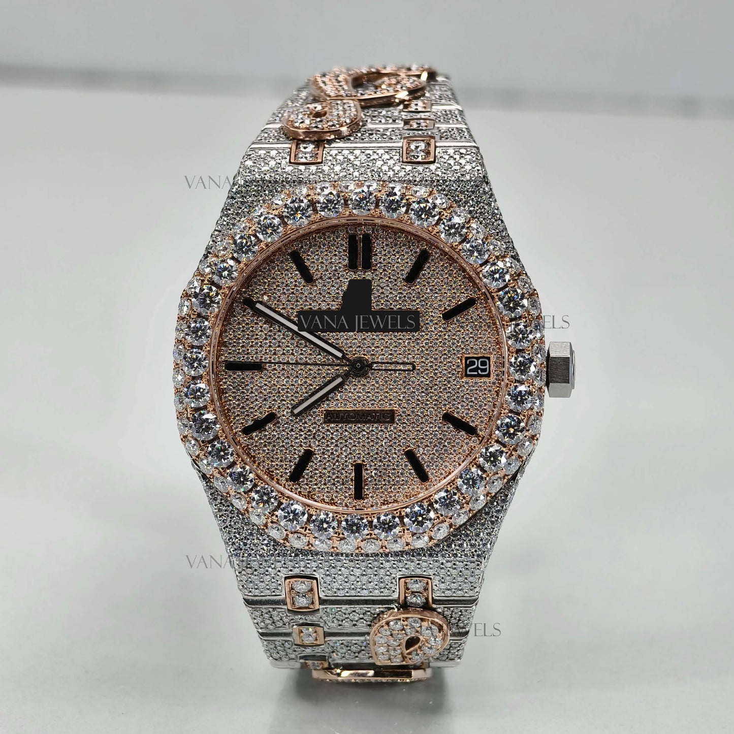 Custom Moissanite Watch, Luxury Two-Tone Moissanite Watch, Fully Iced Out Watch