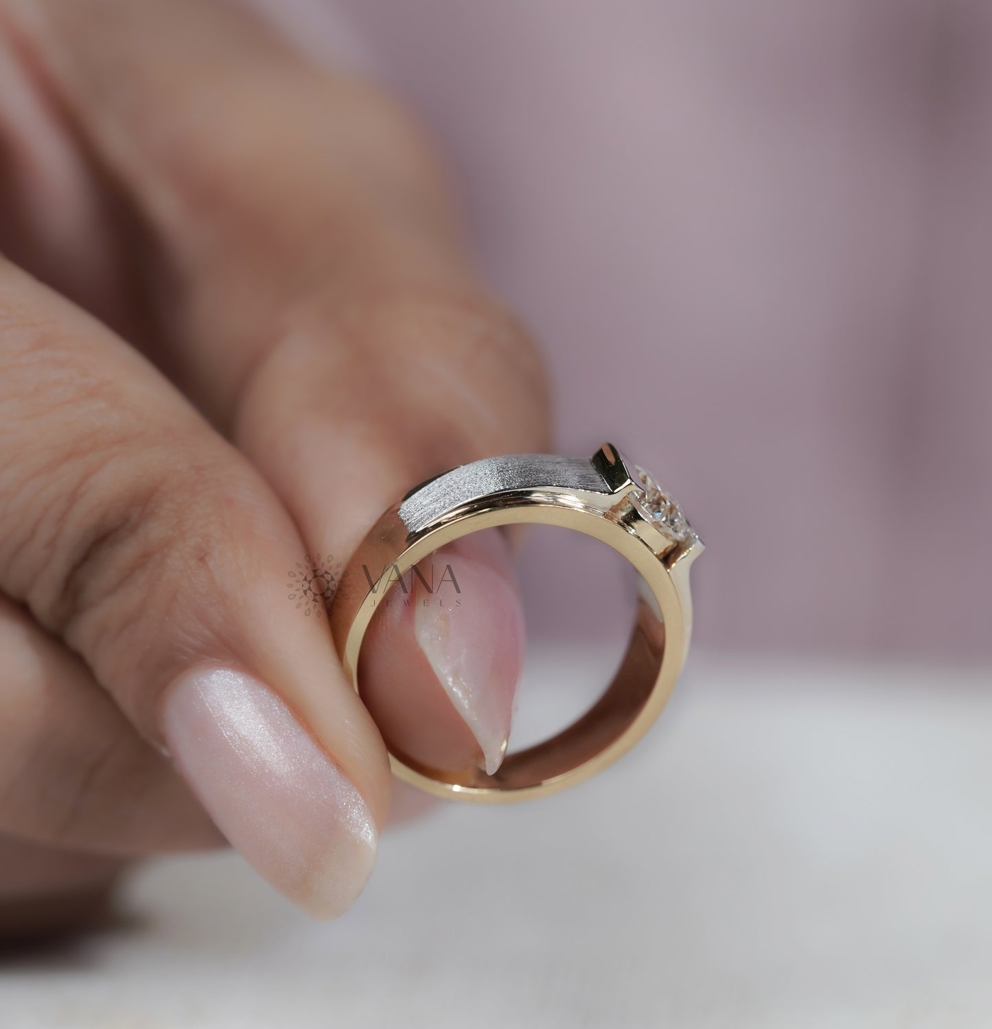 Men’s Lab Grown Diamond Ring in Two Tone Gold, Modern Bezel Set Statement Band