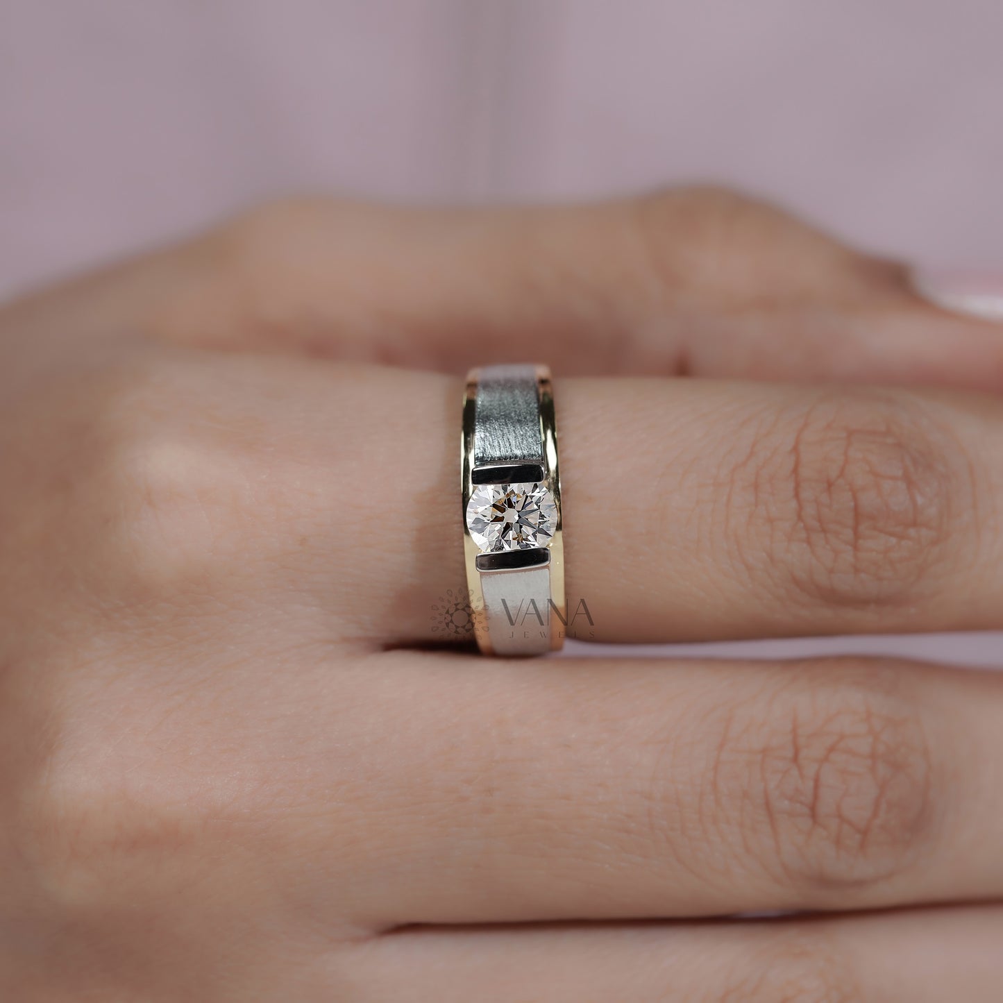 Men’s Lab Grown Diamond Ring in Two Tone Gold, Modern Bezel Set Statement Band