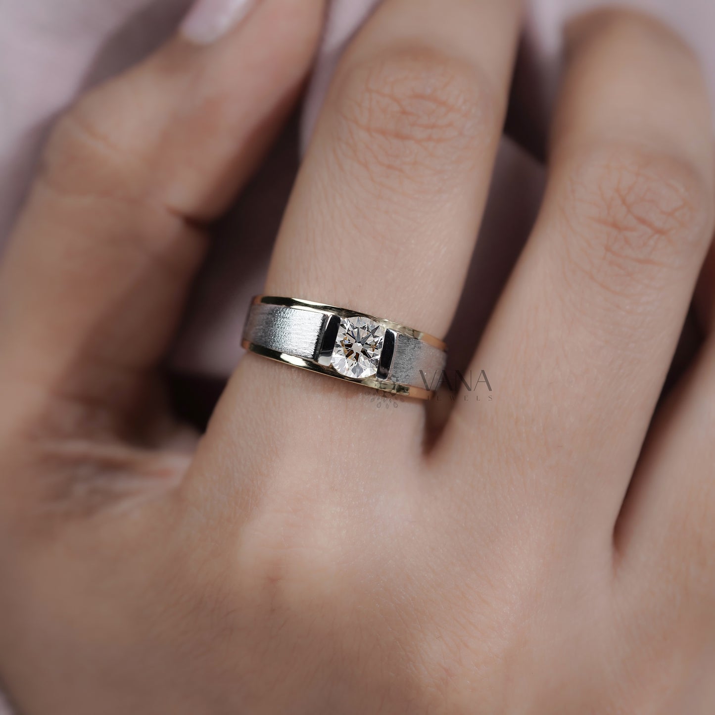 Men’s Lab Grown Diamond Ring in Two Tone Gold, Modern Bezel Set Statement Band