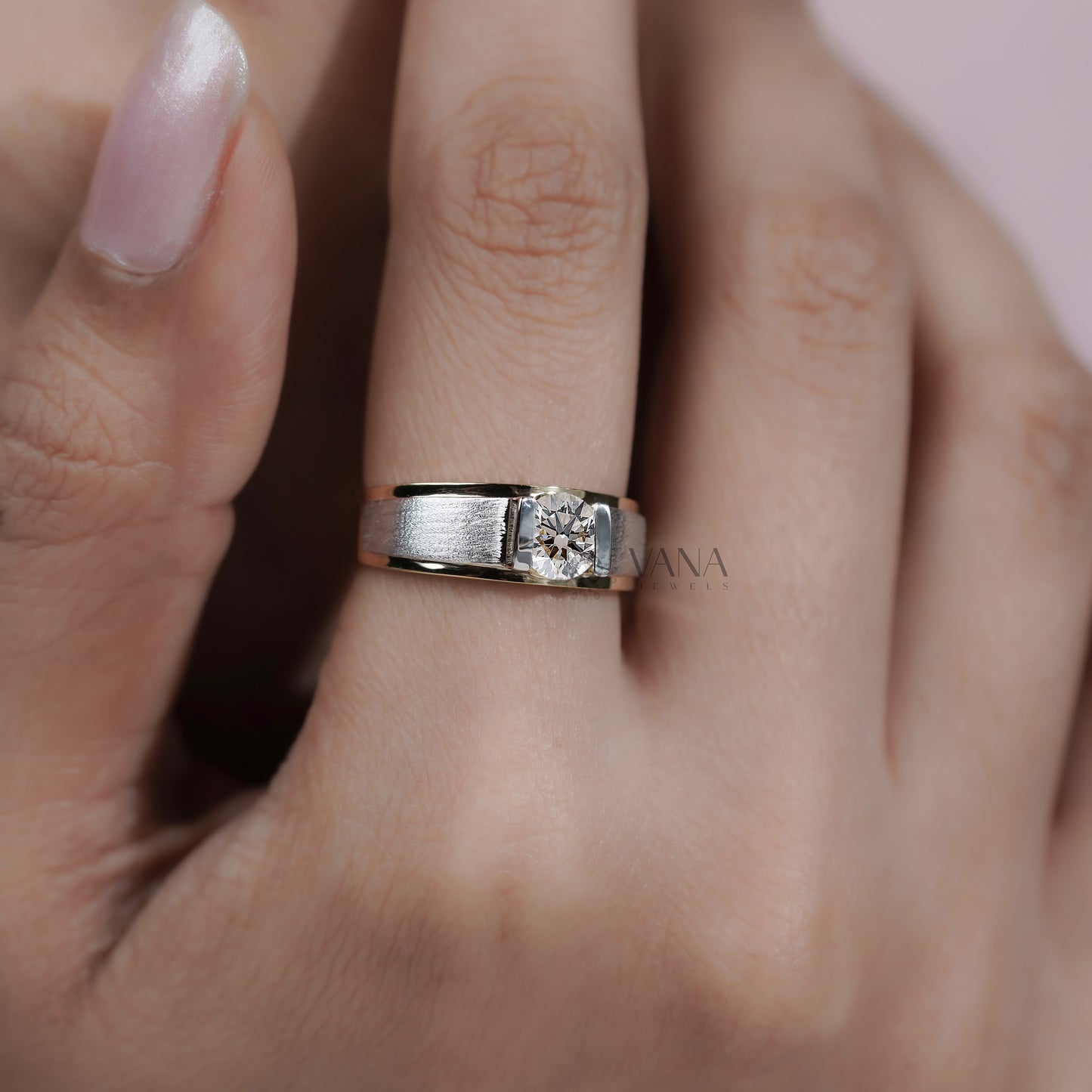 Men’s Lab Grown Diamond Ring in Two Tone Gold, Modern Bezel Set Statement Band