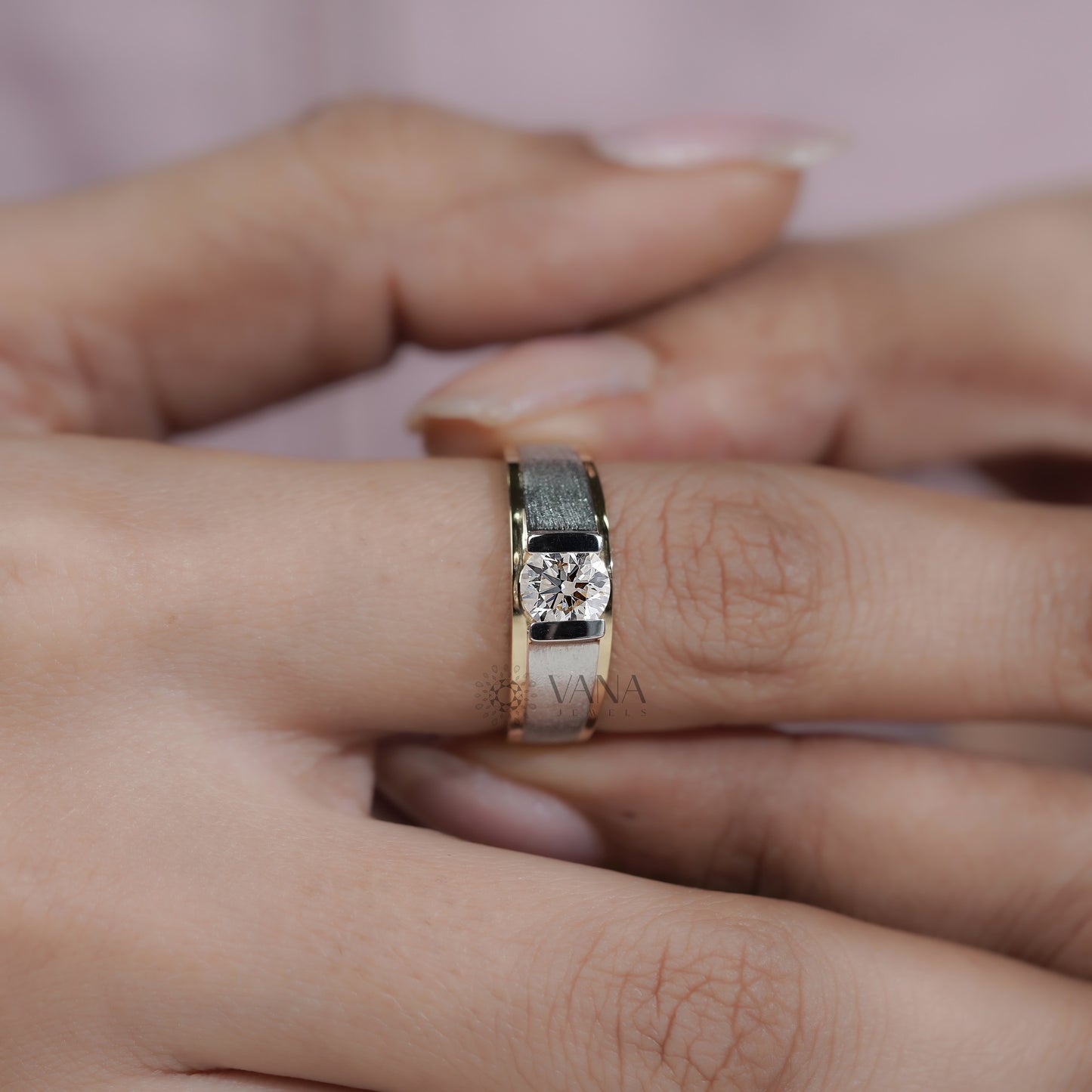 Men’s Lab Grown Diamond Ring in Two Tone Gold, Modern Bezel Set Statement Band