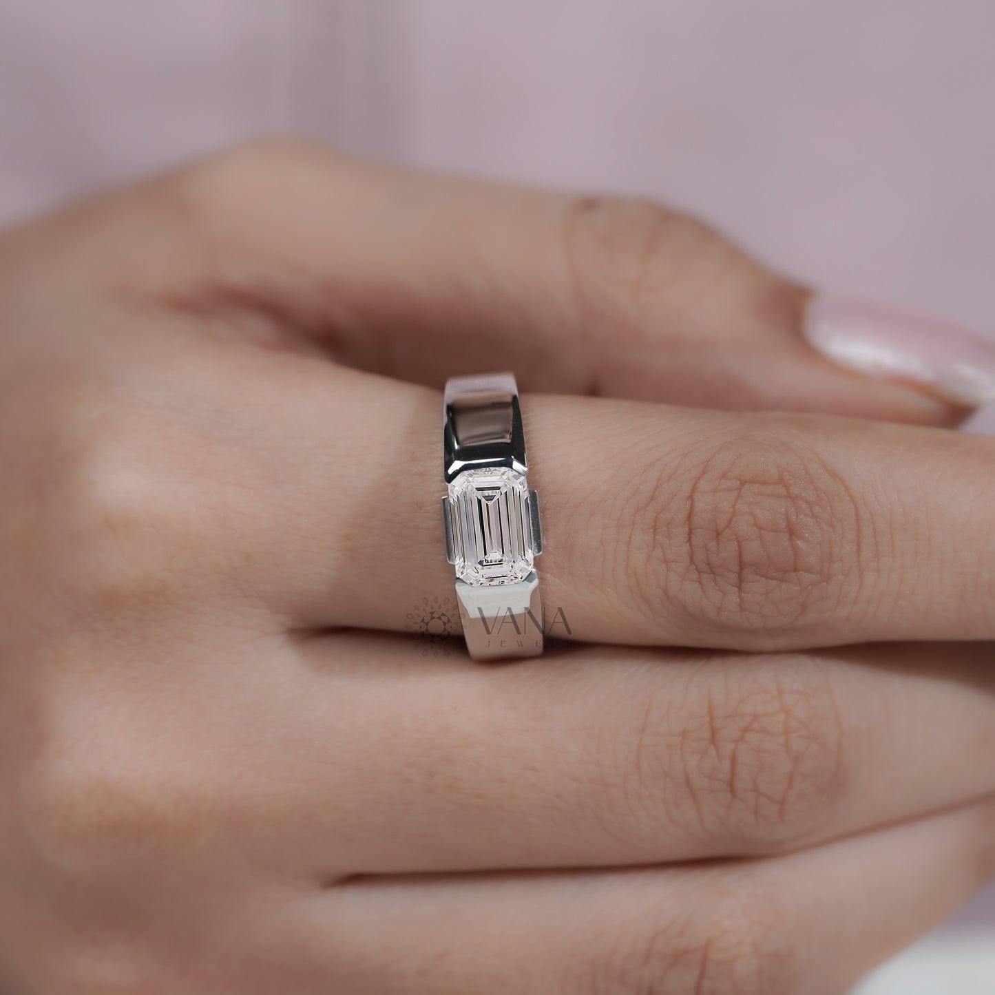 Emerald Cut Lab Grown Diamond Half Bezel Set Engagement Ring with Baguette Side Stones