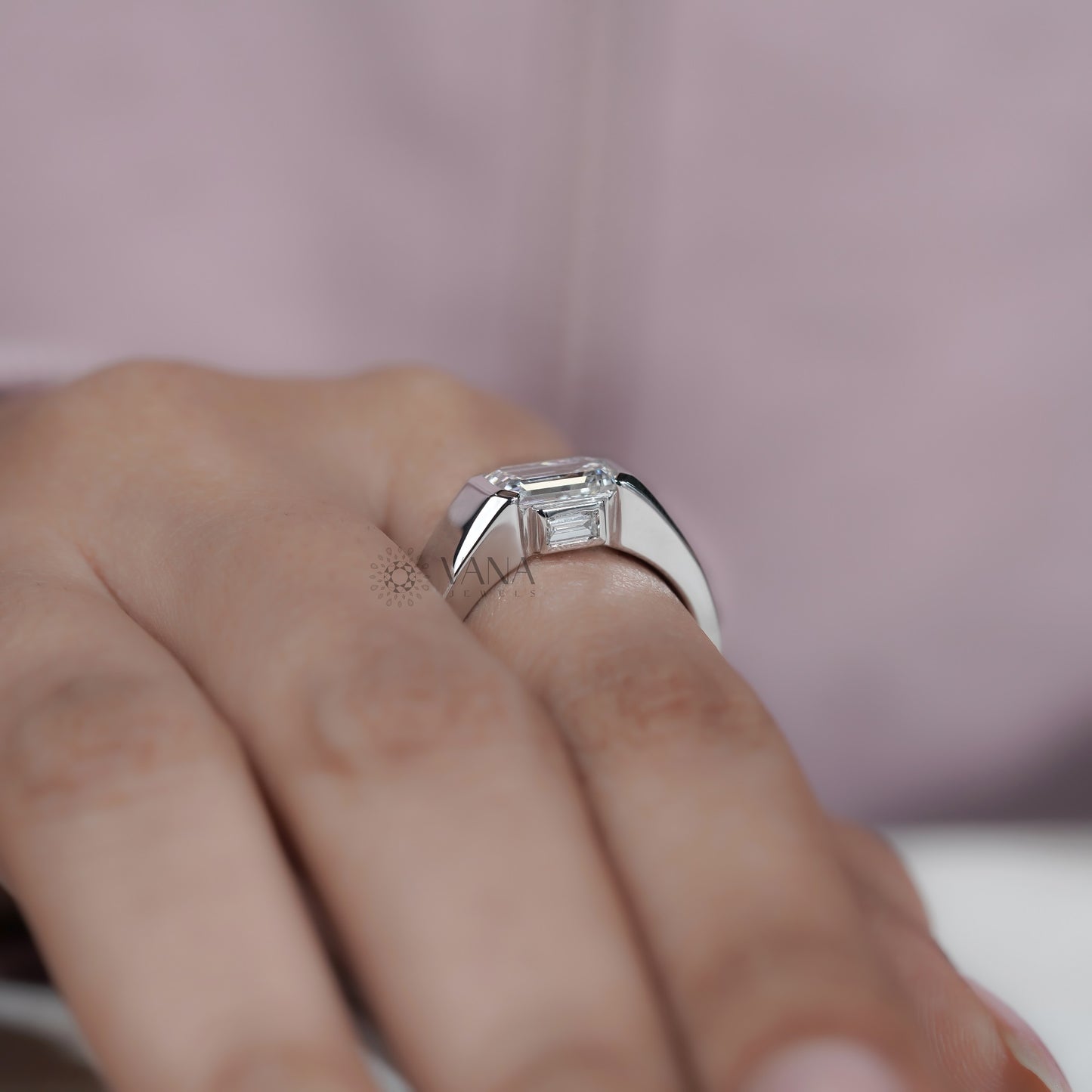 Emerald Cut Lab Grown Diamond Half Bezel Set Engagement Ring with Baguette Side Stones