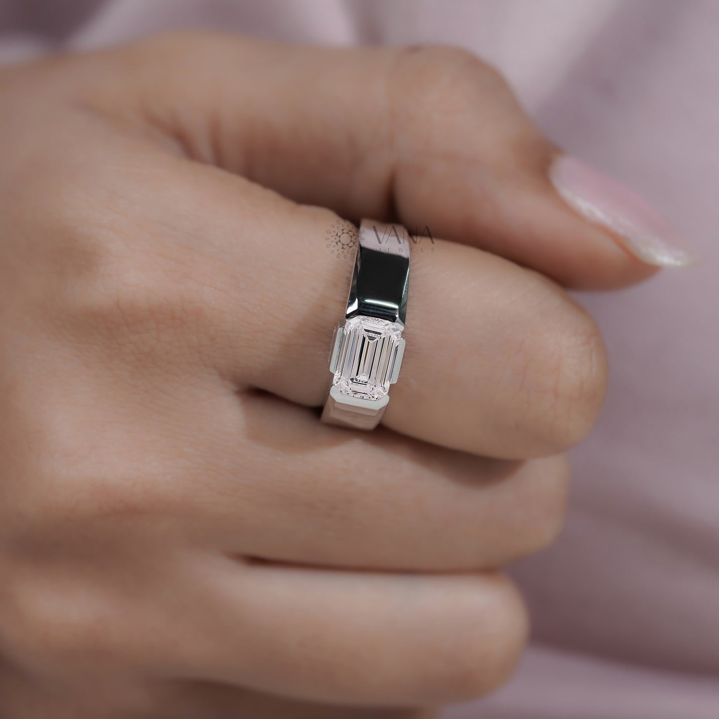 Emerald Cut Lab Grown Diamond Half Bezel Set Engagement Ring with Baguette Side Stones