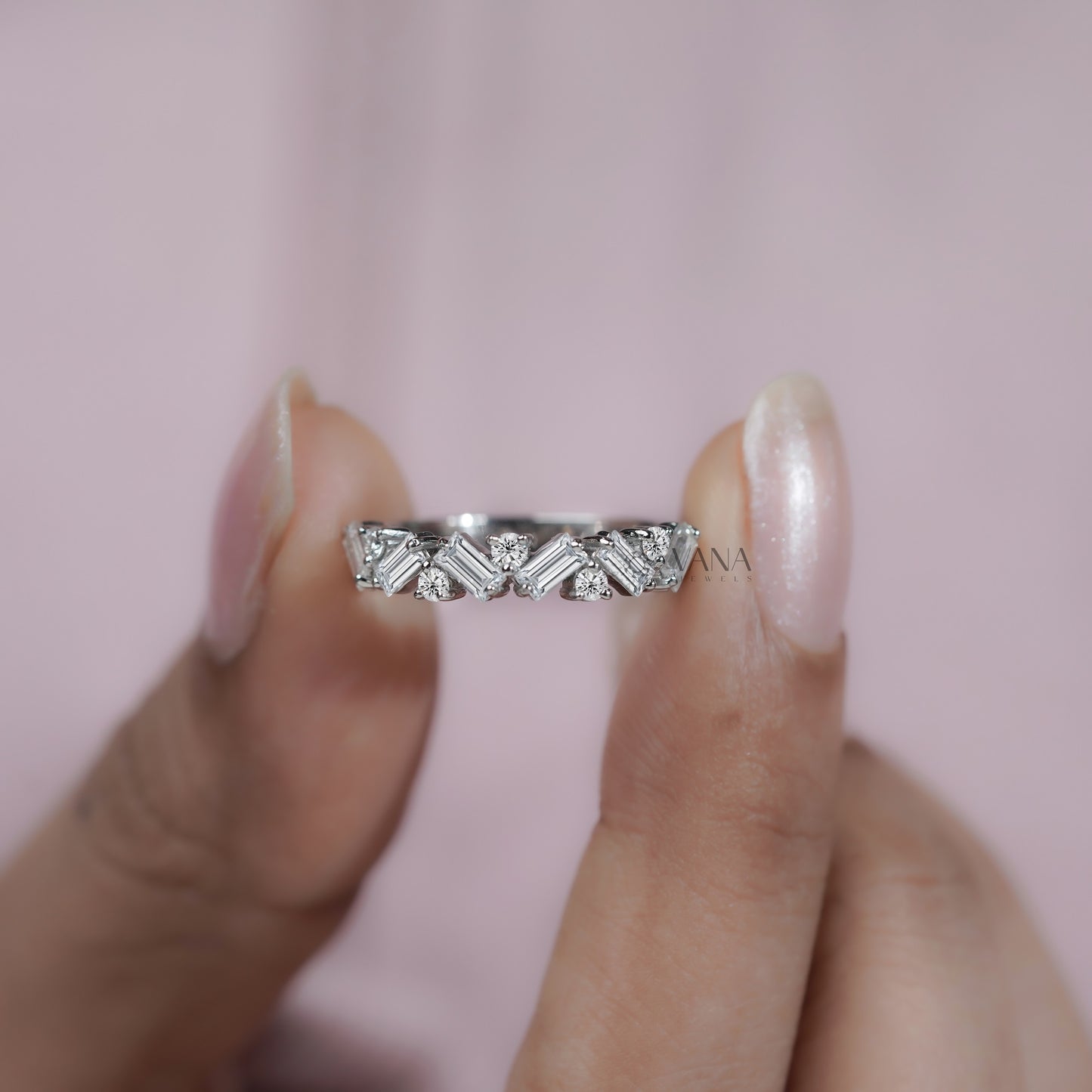 Alternative Baguette & Round Lab Grown Diamond Wedding Band in White Gold