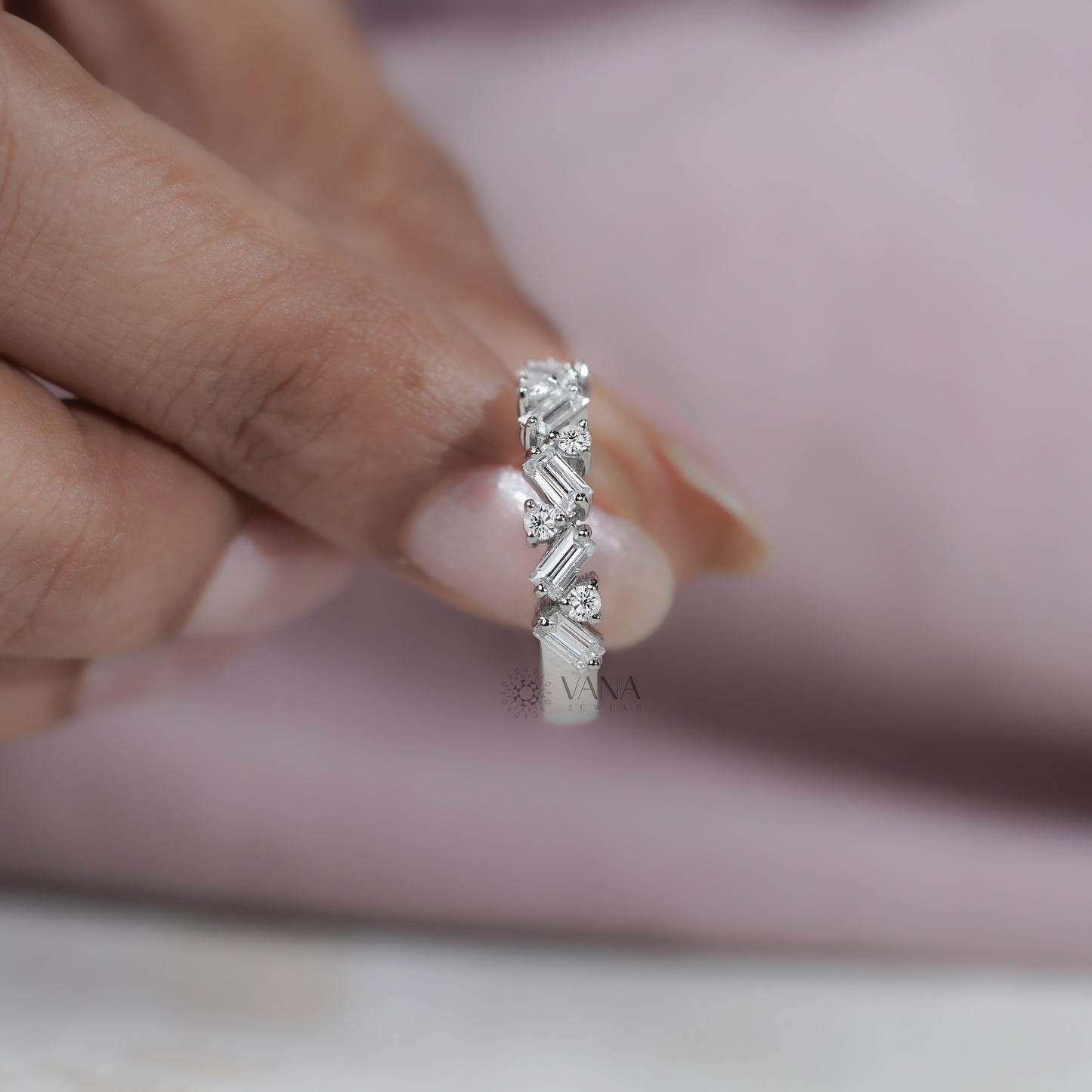 Alternative Baguette & Round Lab Grown Diamond Wedding Band in White Gold