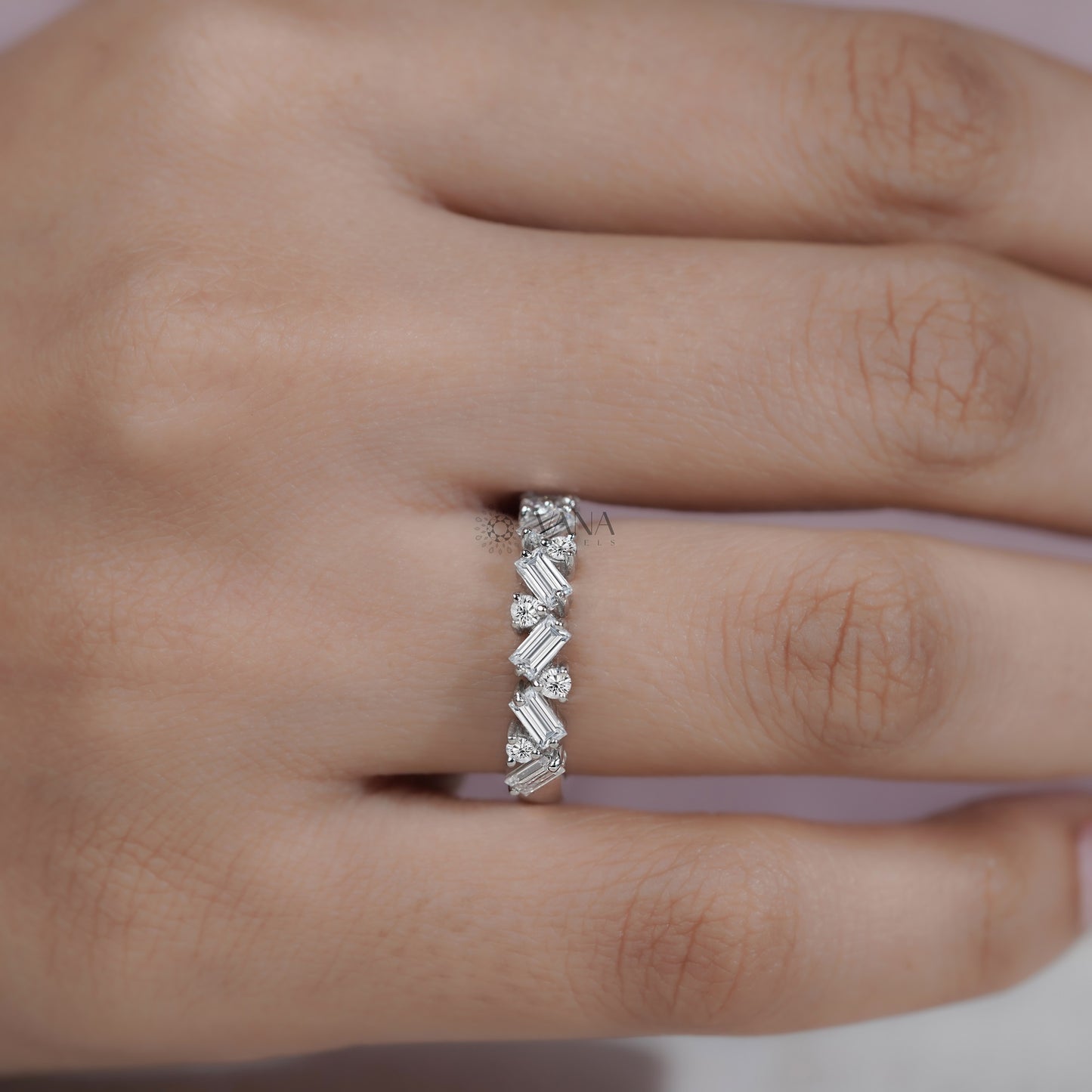 Alternative Baguette & Round Lab Grown Diamond Wedding Band in White Gold