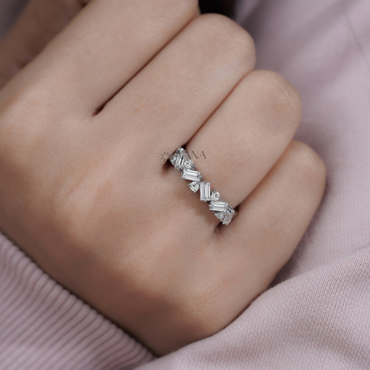 Alternative Baguette & Round Lab Grown Diamond Wedding Band in White Gold