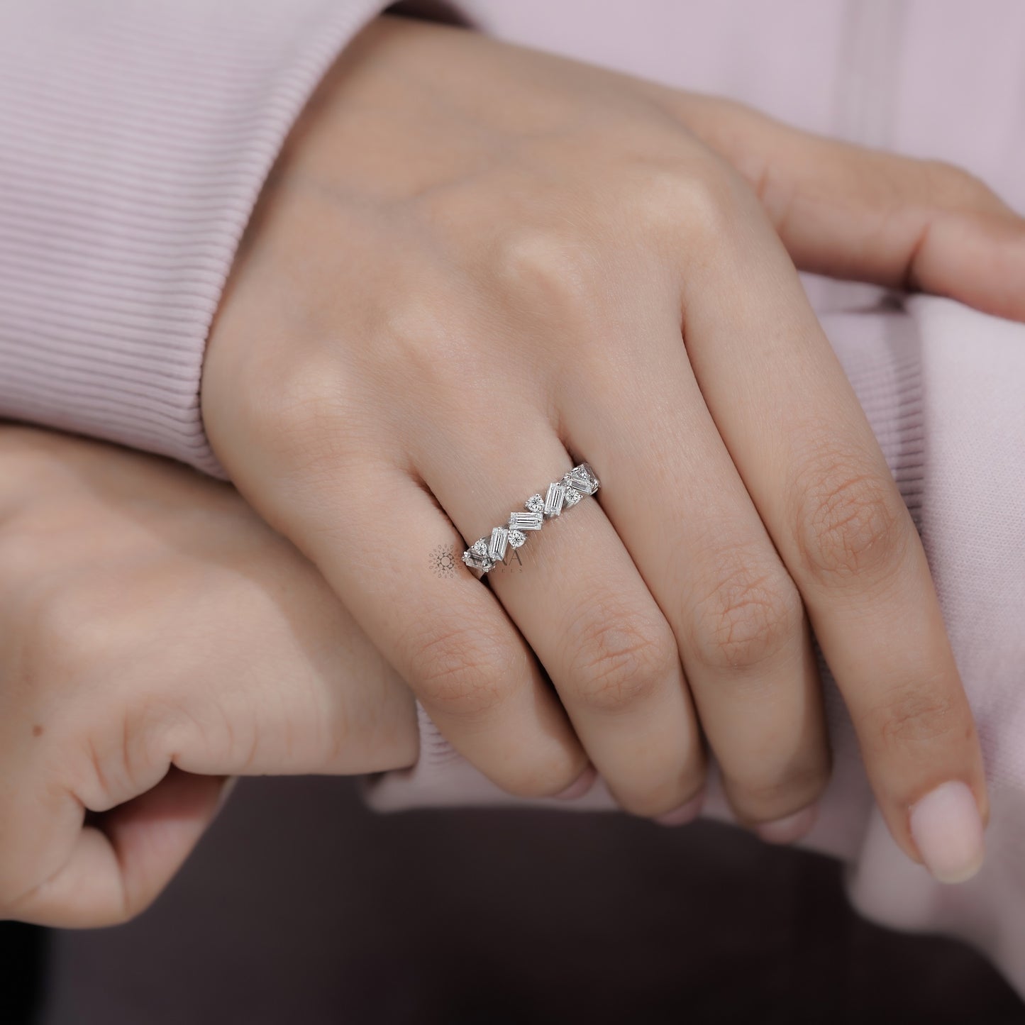 Alternative Baguette & Round Lab Grown Diamond Wedding Band in White Gold