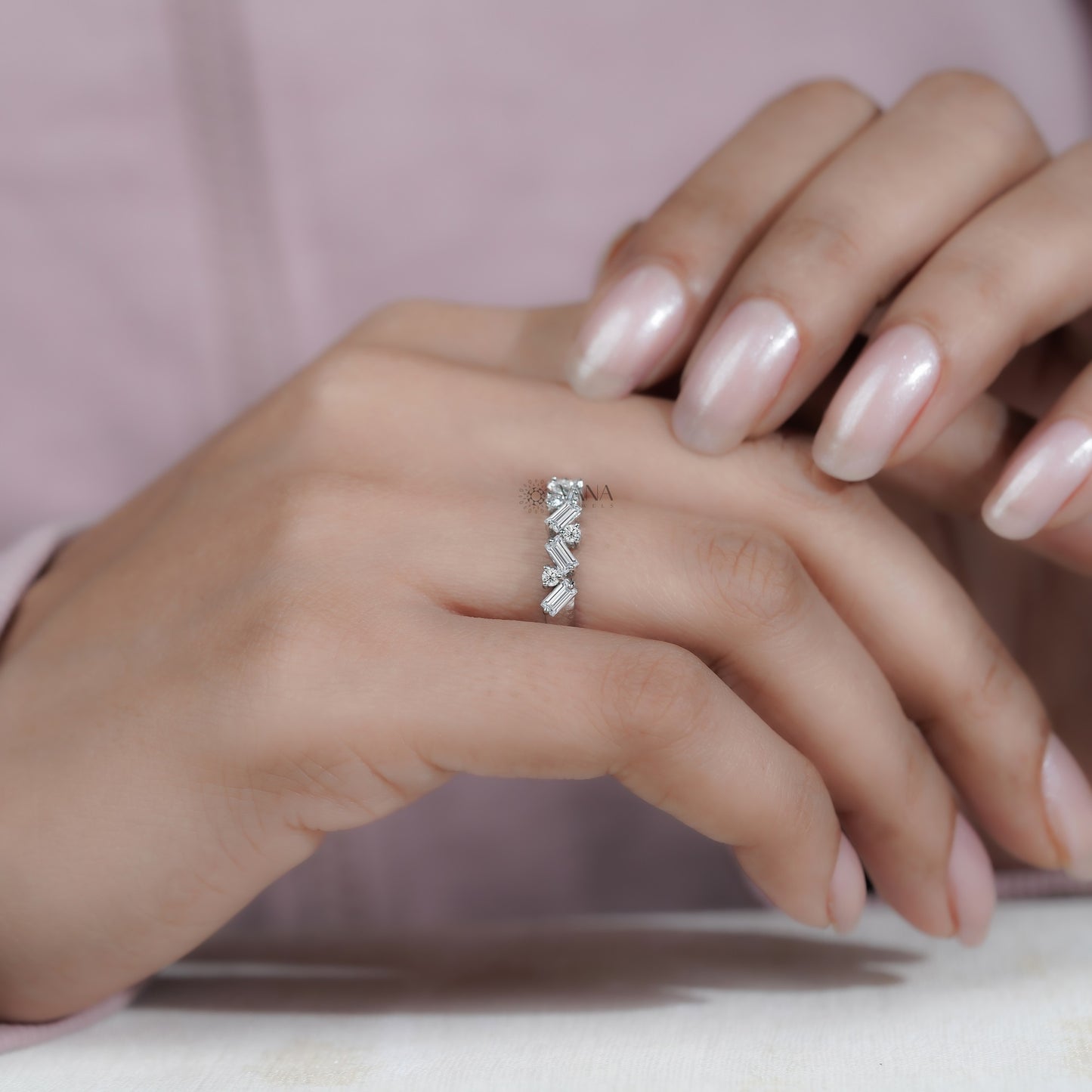 Alternative Baguette & Round Lab Grown Diamond Wedding Band in White Gold