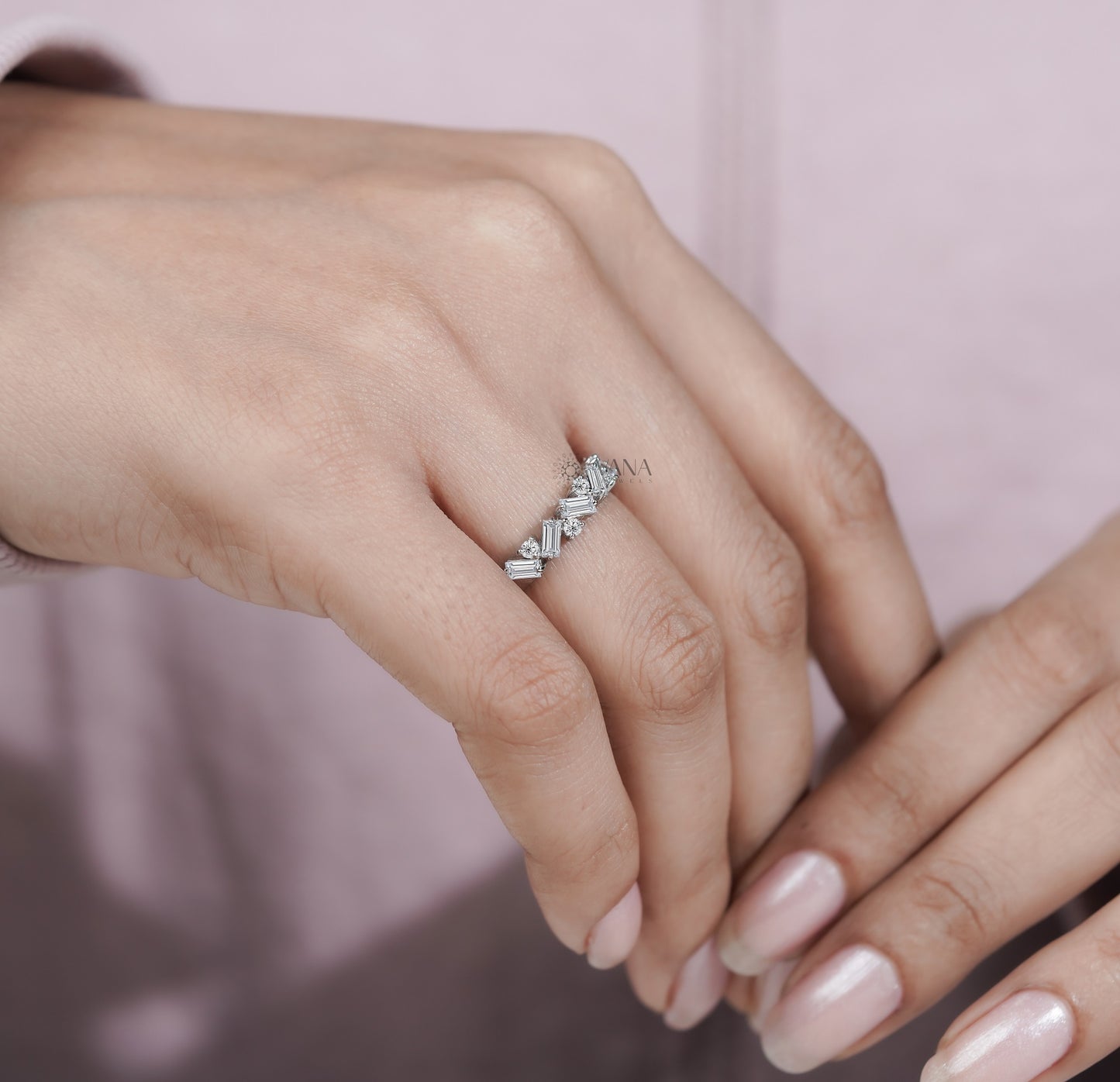 Alternative Baguette & Round Lab Grown Diamond Wedding Band in White Gold