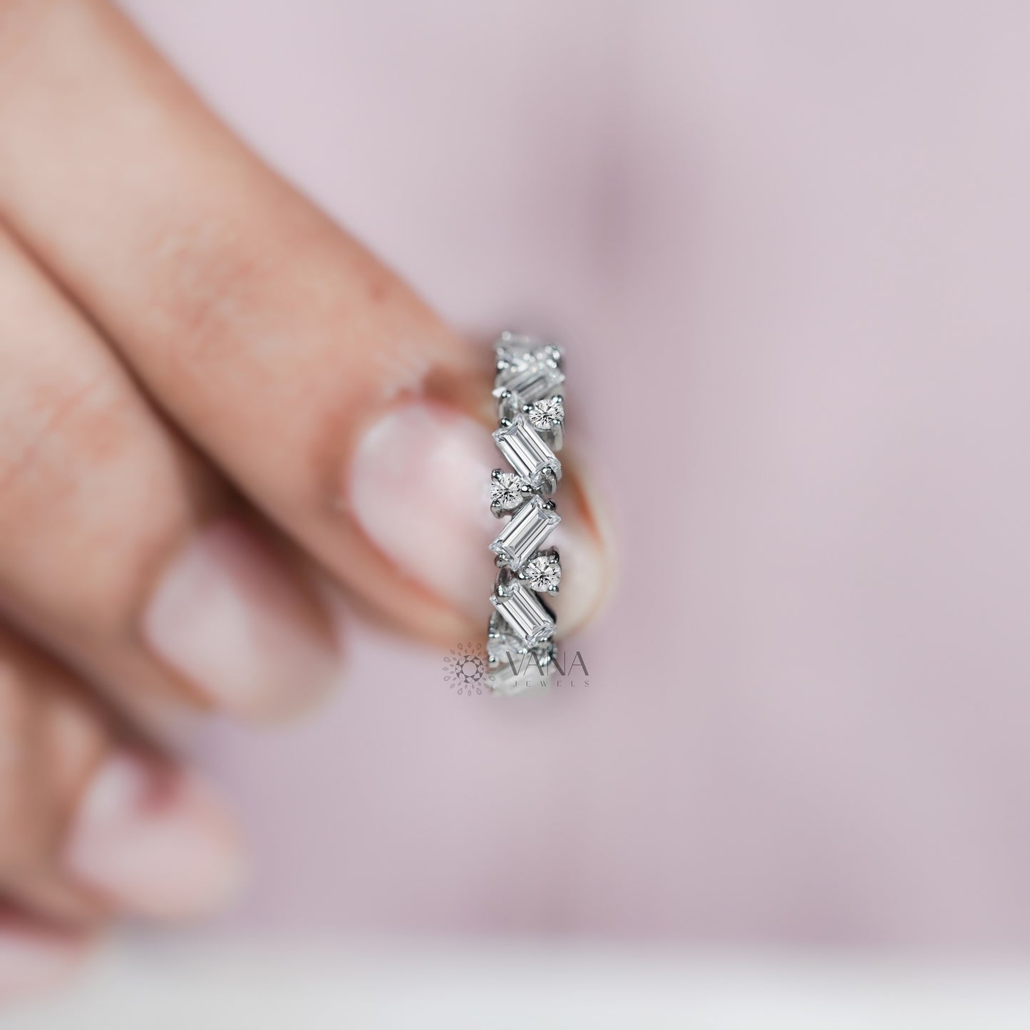 Alternative Baguette & Round Lab Grown Diamond Wedding Band in White Gold