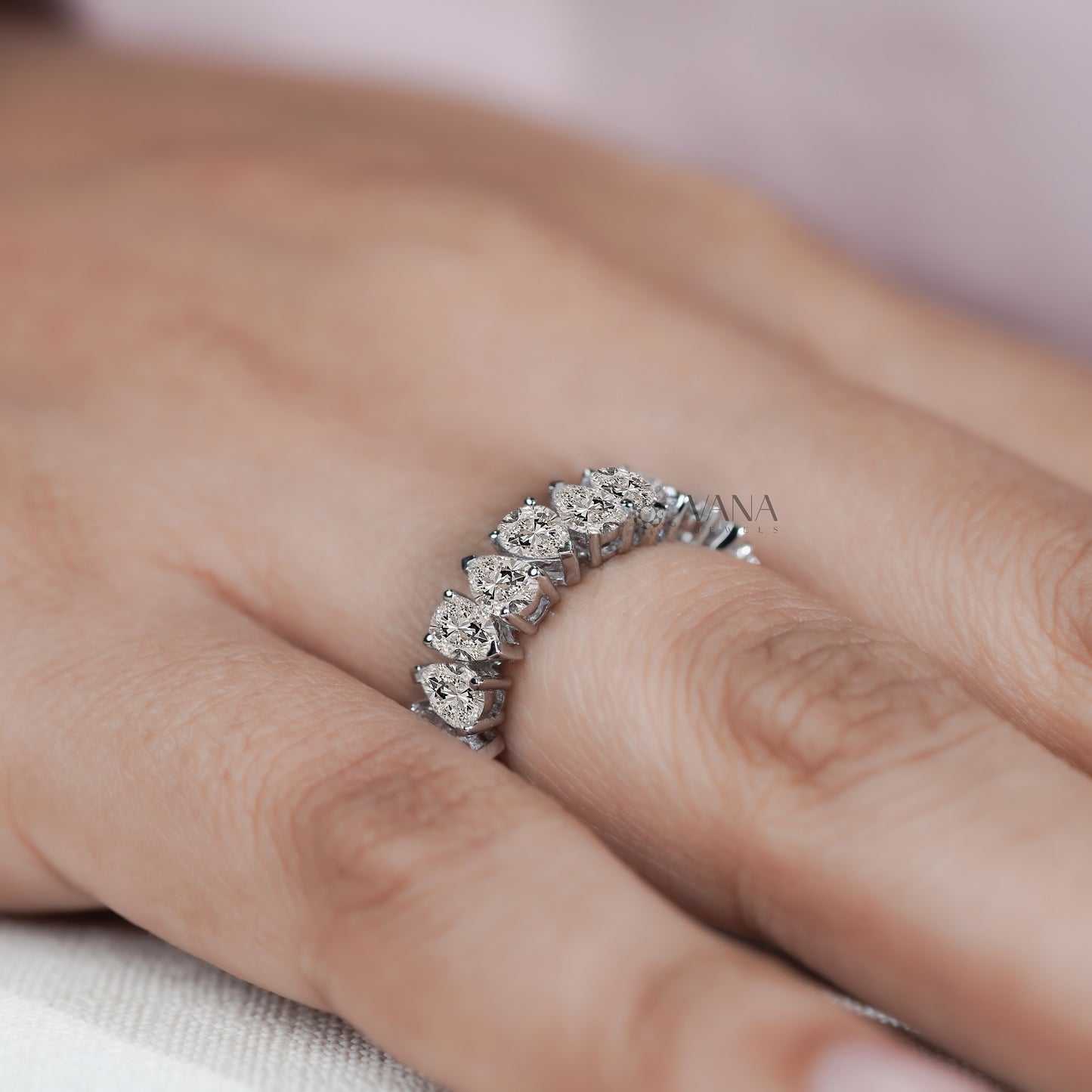 Pear Cut Lab Grown Diamond Wedding Band, Full Eternity Stackable Anniversary Ring