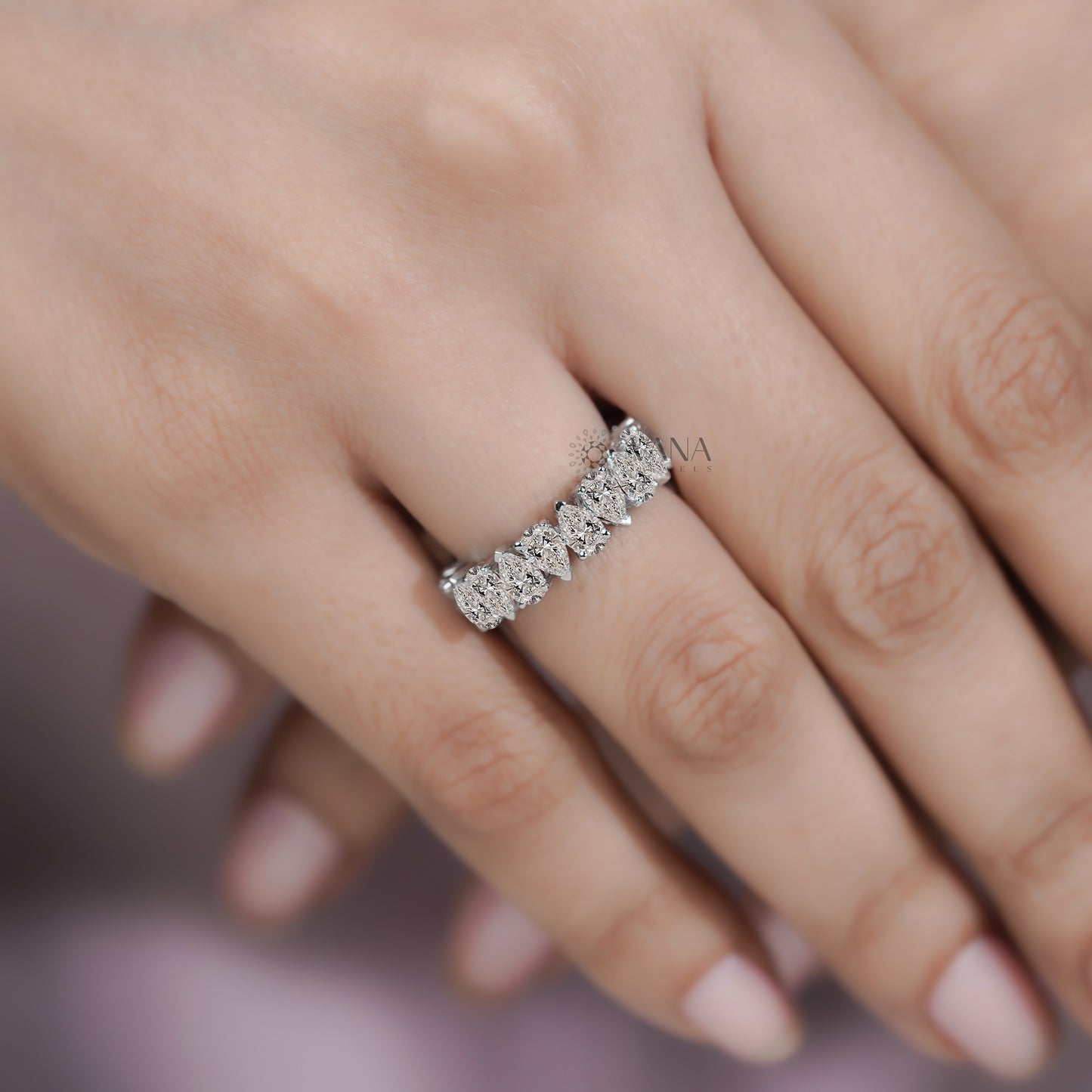 Pear Cut Lab Grown Diamond Wedding Band, Full Eternity Stackable Anniversary Ring