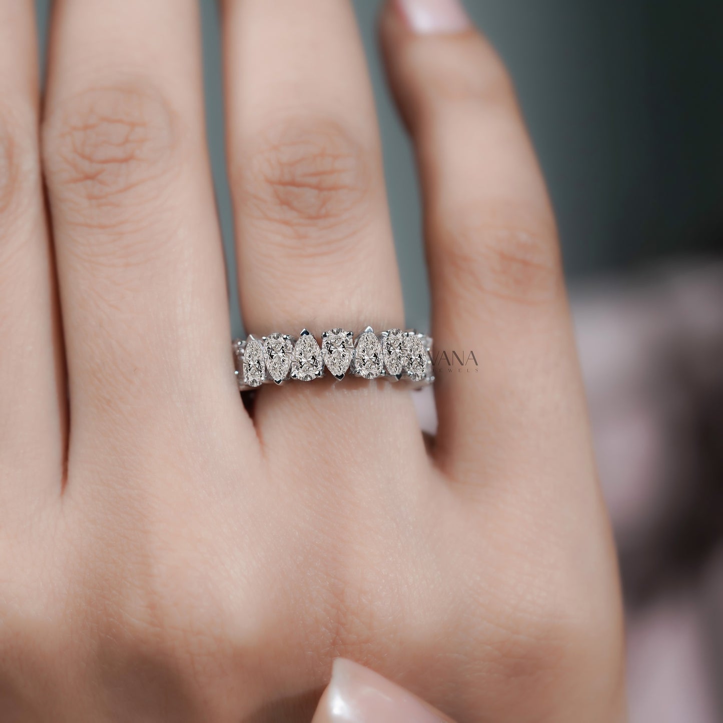 Pear Cut Lab Grown Diamond Wedding Band, Full Eternity Stackable Anniversary Ring