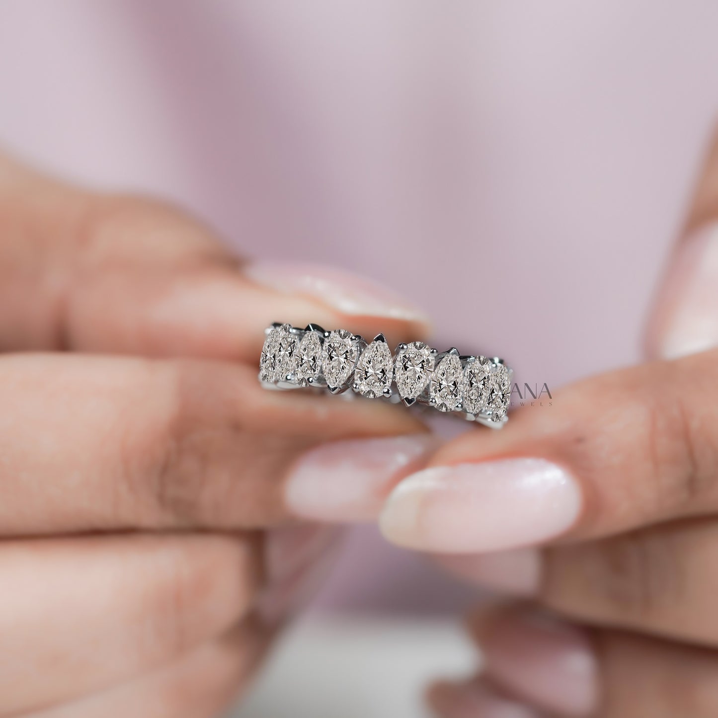 Pear Cut Lab Grown Diamond Wedding Band, Full Eternity Stackable Anniversary Ring