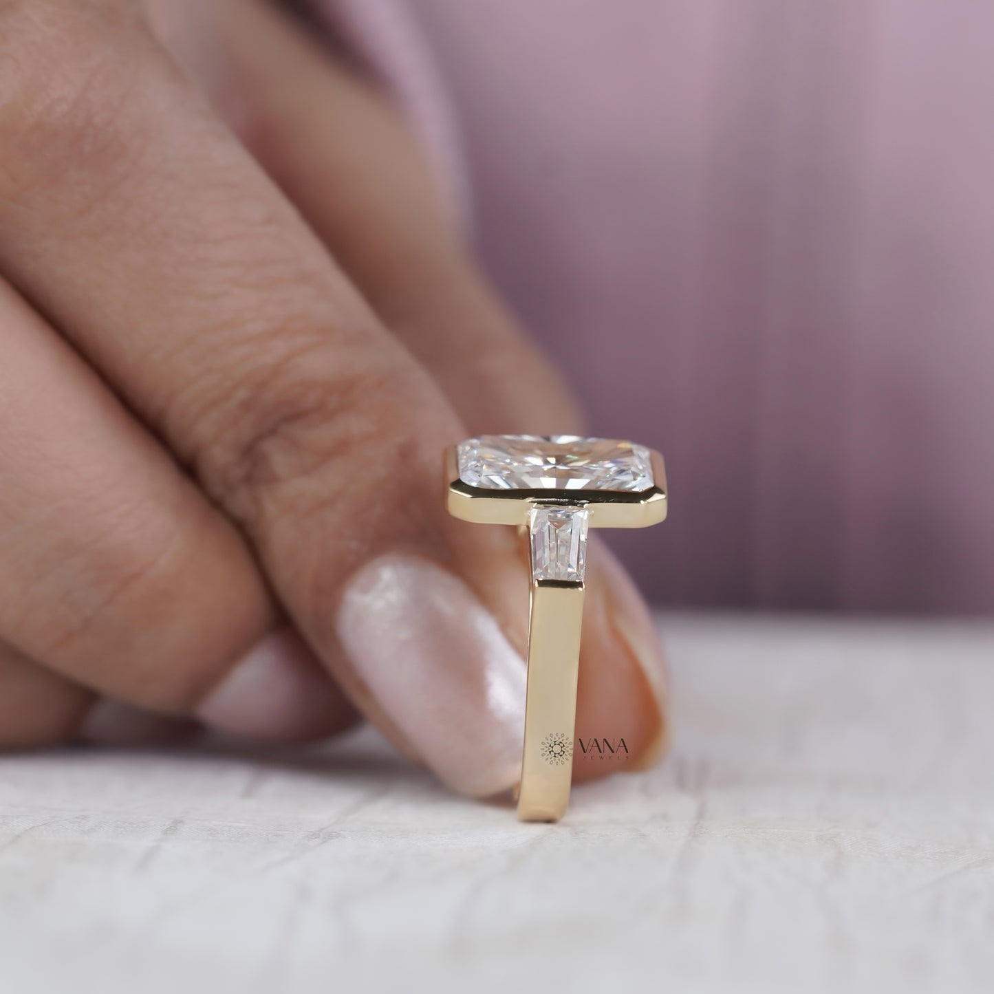 Radiant Cut Lab Grown Diamond Three Stone Engagement Ring with Tapered Baguette