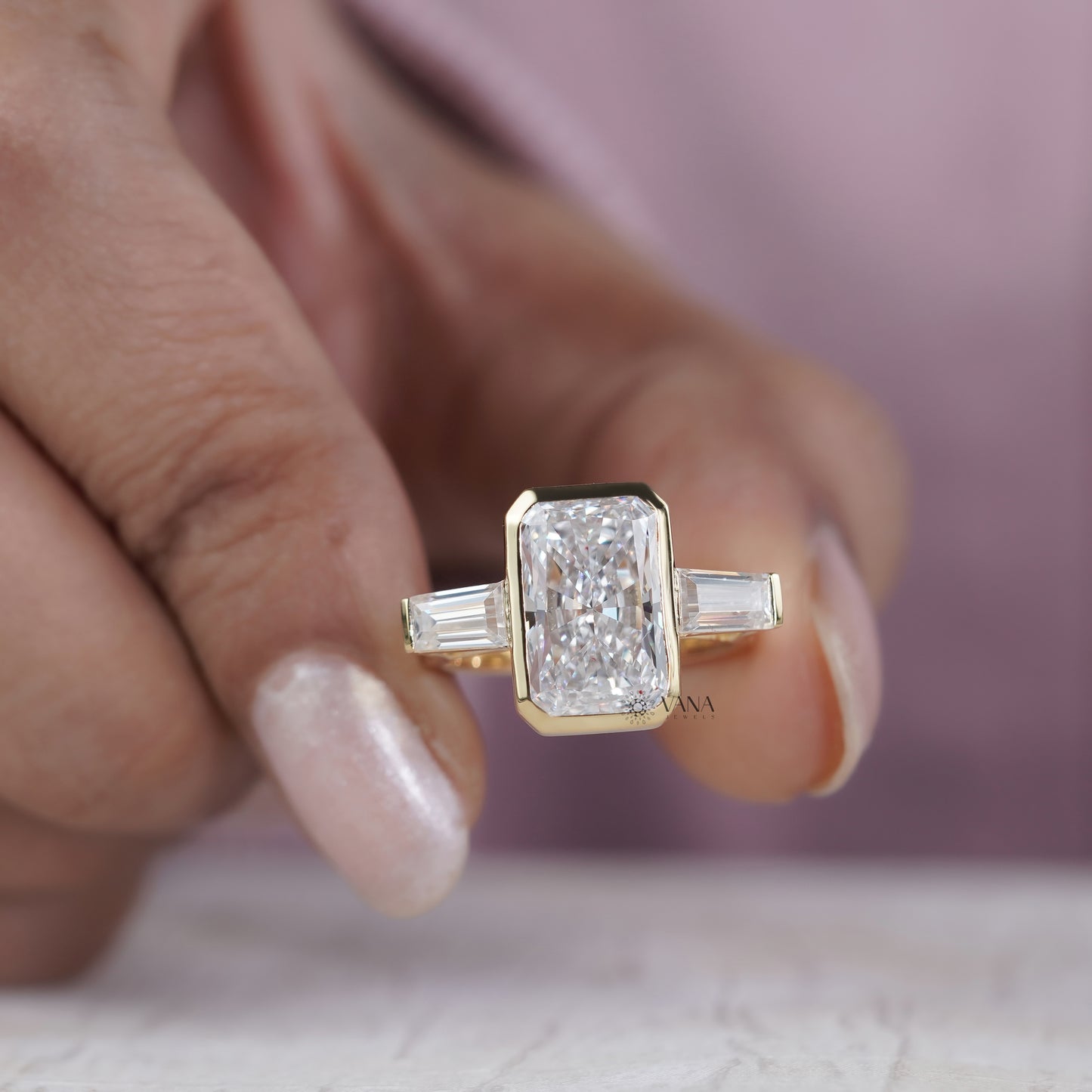 Radiant Cut Lab Grown Diamond Three Stone Engagement Ring with Tapered Baguette