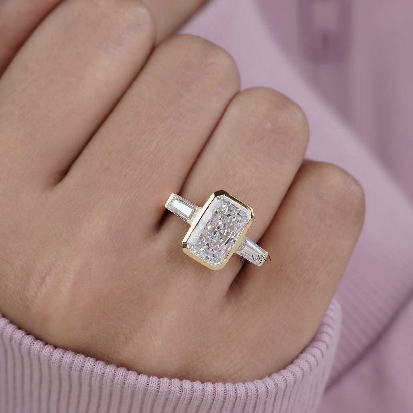 Radiant Cut Lab Grown Diamond Three Stone Engagement Ring with Tapered Baguette