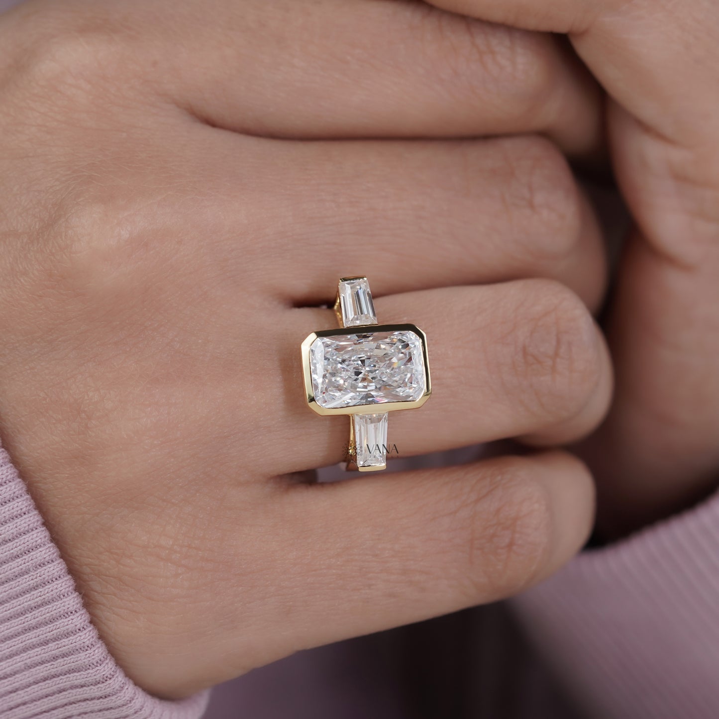 Radiant Cut Lab Grown Diamond Three Stone Engagement Ring with Tapered Baguette