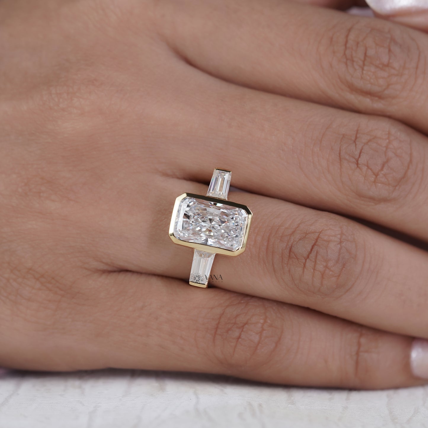 Radiant Cut Lab Grown Diamond Three Stone Engagement Ring with Tapered Baguette