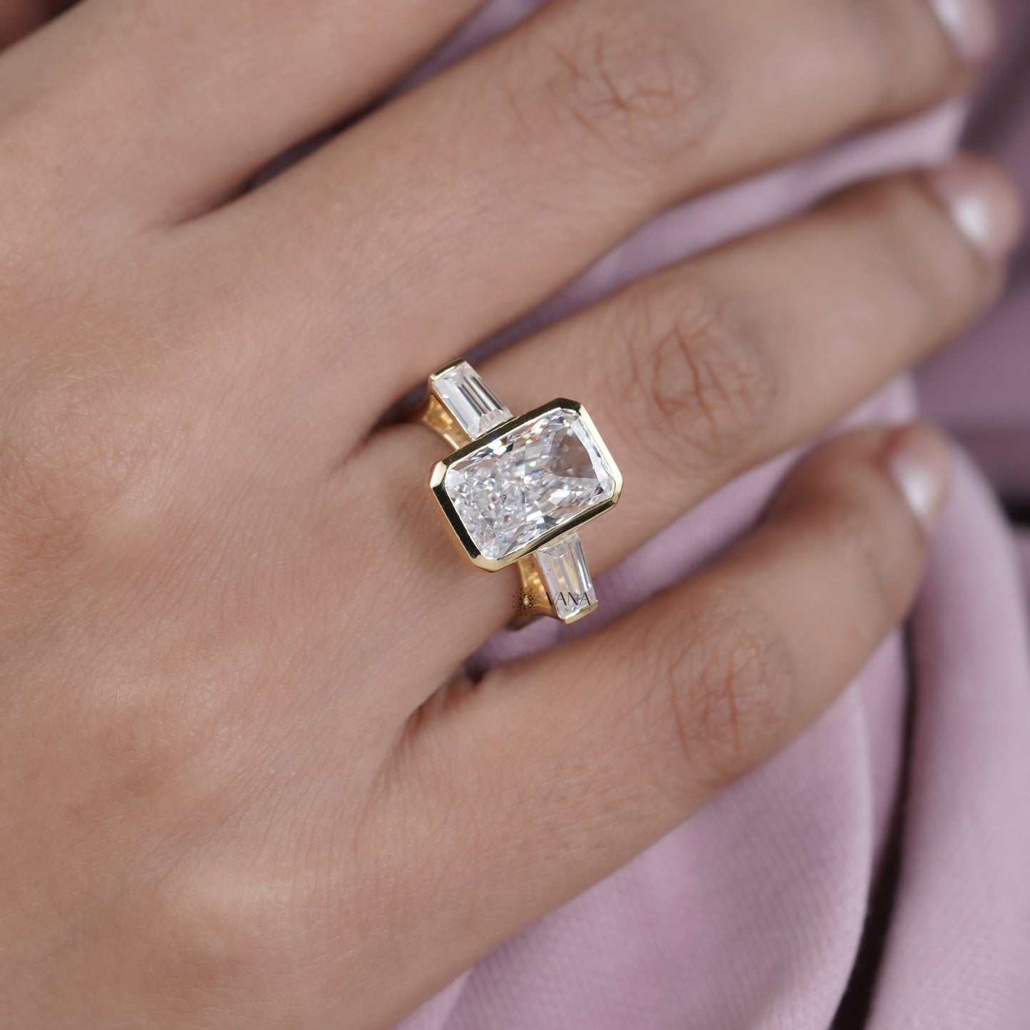 Radiant Cut Lab Grown Diamond Three Stone Engagement Ring with Tapered Baguette