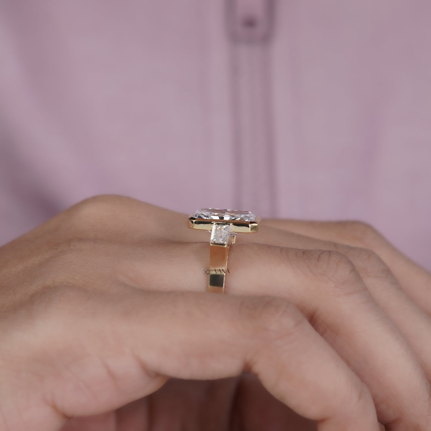 Radiant Cut Lab Grown Diamond Three Stone Engagement Ring with Tapered Baguette