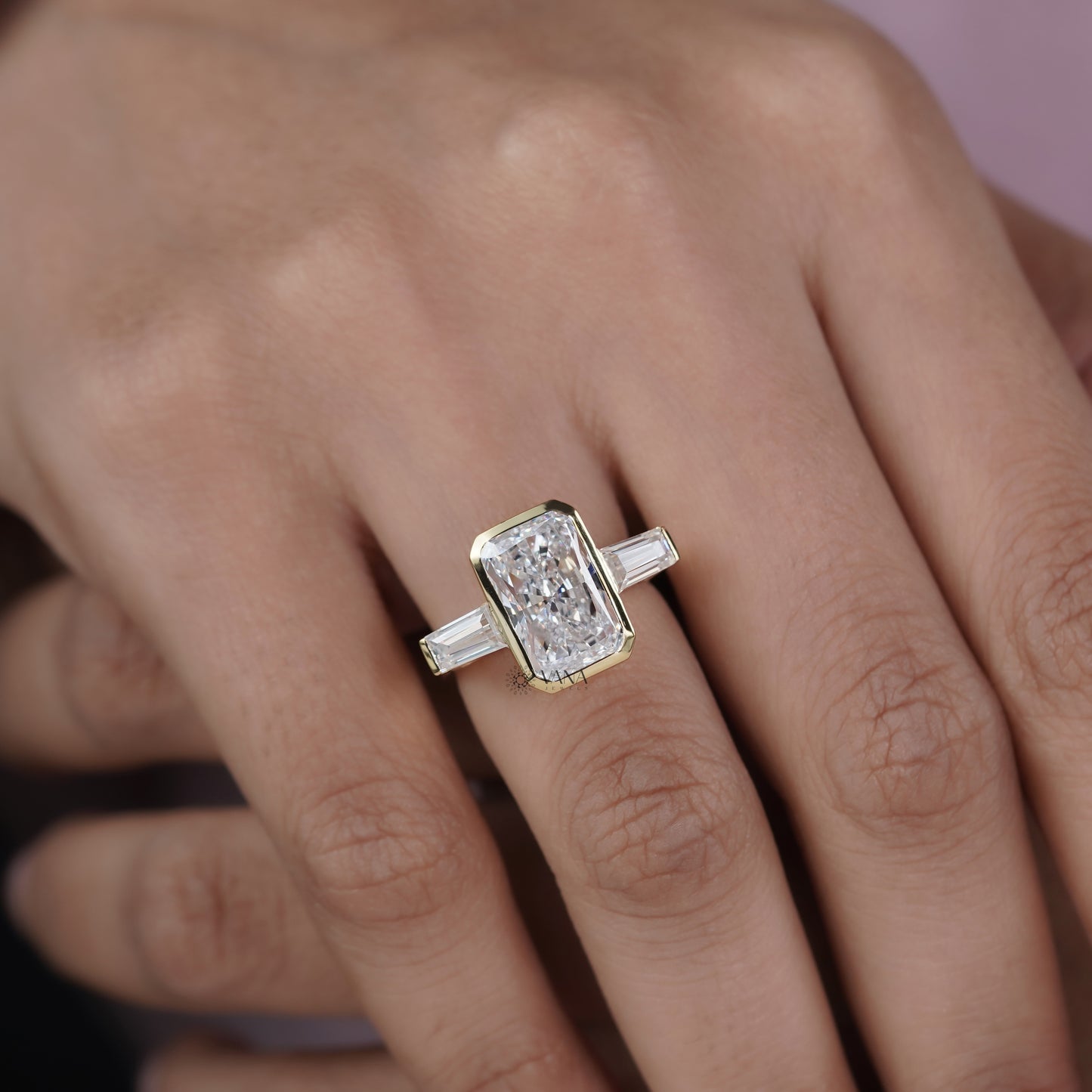 Radiant Cut Lab Grown Diamond Three Stone Engagement Ring with Tapered Baguette