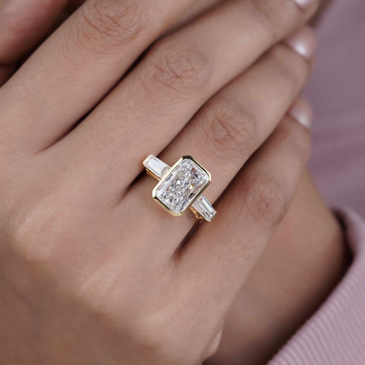 Radiant Cut Lab Grown Diamond Three Stone Engagement Ring with Tapered Baguette