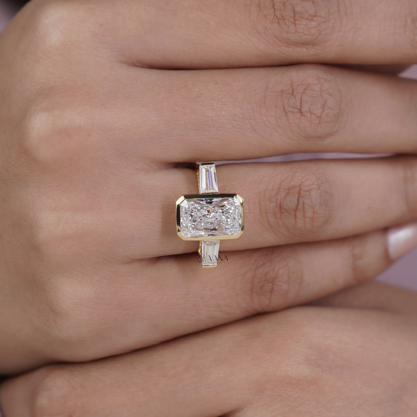 Radiant Cut Lab Grown Diamond Three Stone Engagement Ring with Tapered Baguette