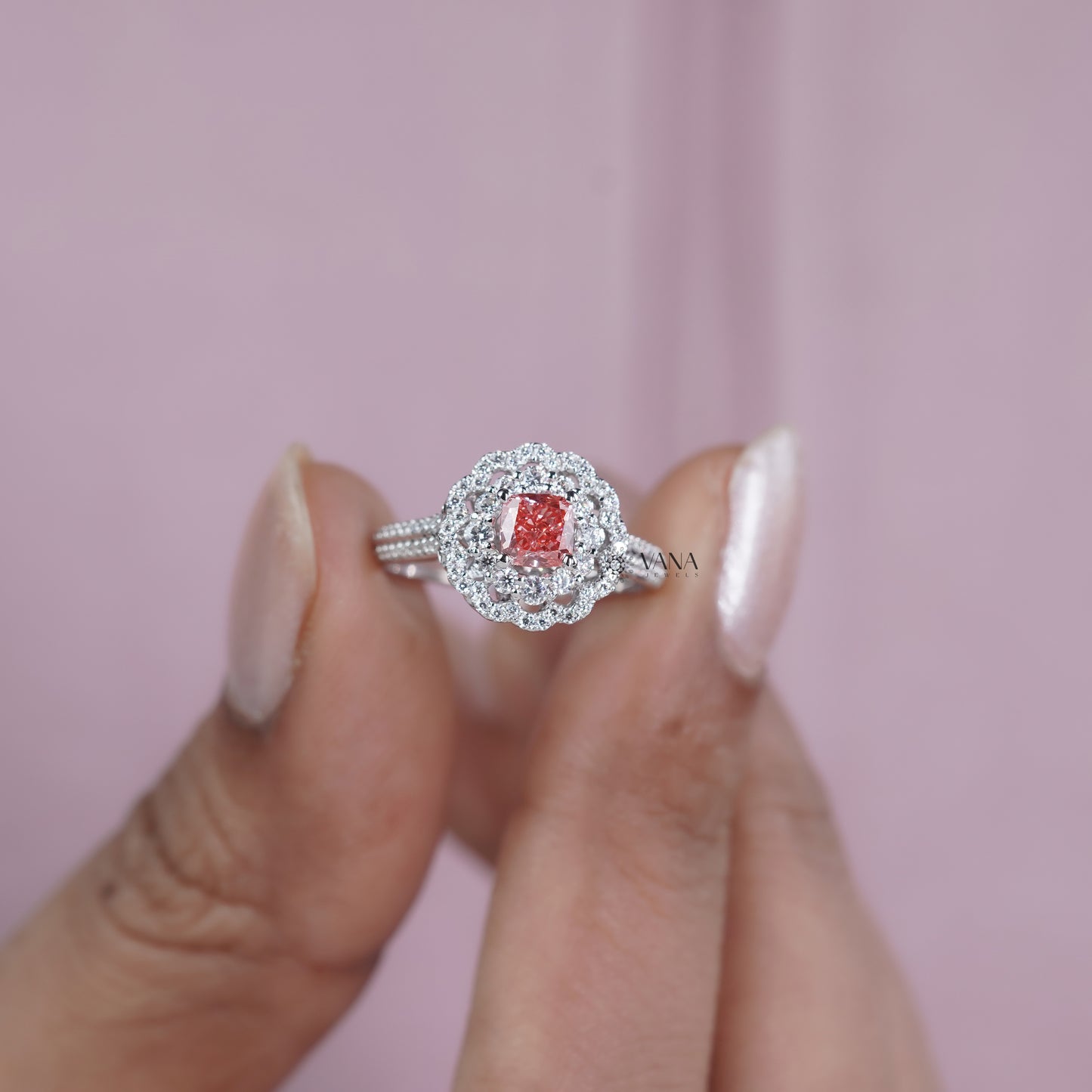 Vintage Floral Pink Cushion Lab Grown Diamond Engagement Ring with Double Halo Cathedral Setting