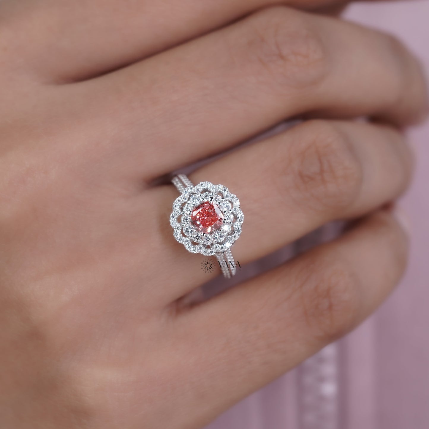 Vintage Floral Pink Cushion Lab Grown Diamond Engagement Ring with Double Halo Cathedral Setting