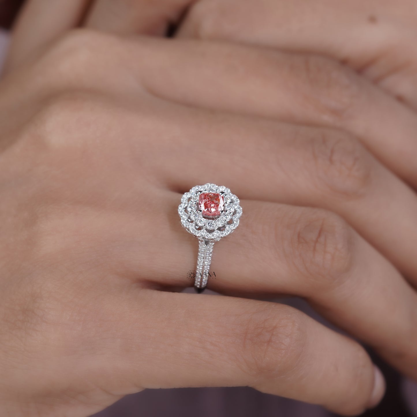 Vintage Floral Pink Cushion Lab Grown Diamond Engagement Ring with Double Halo Cathedral Setting