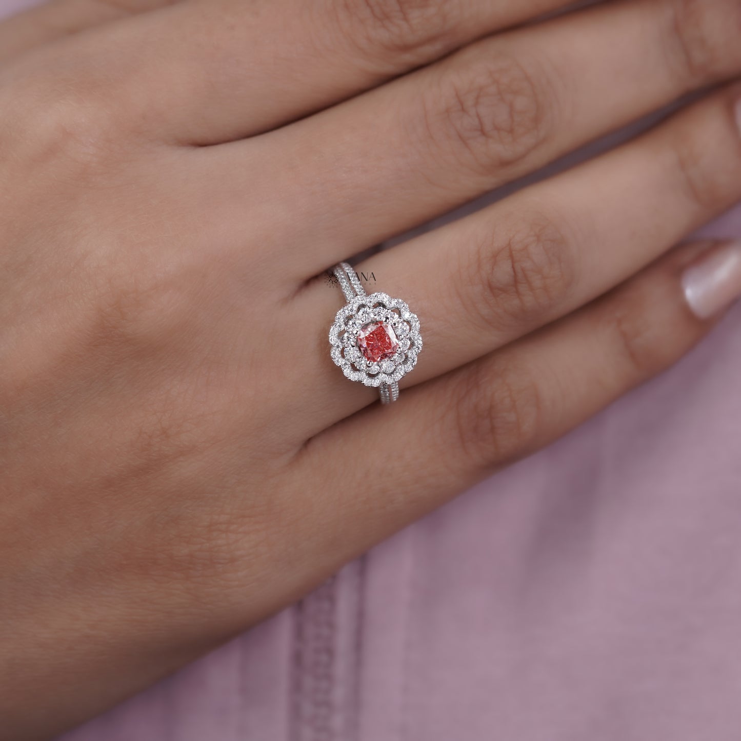 Vintage Floral Pink Cushion Lab Grown Diamond Engagement Ring with Double Halo Cathedral Setting