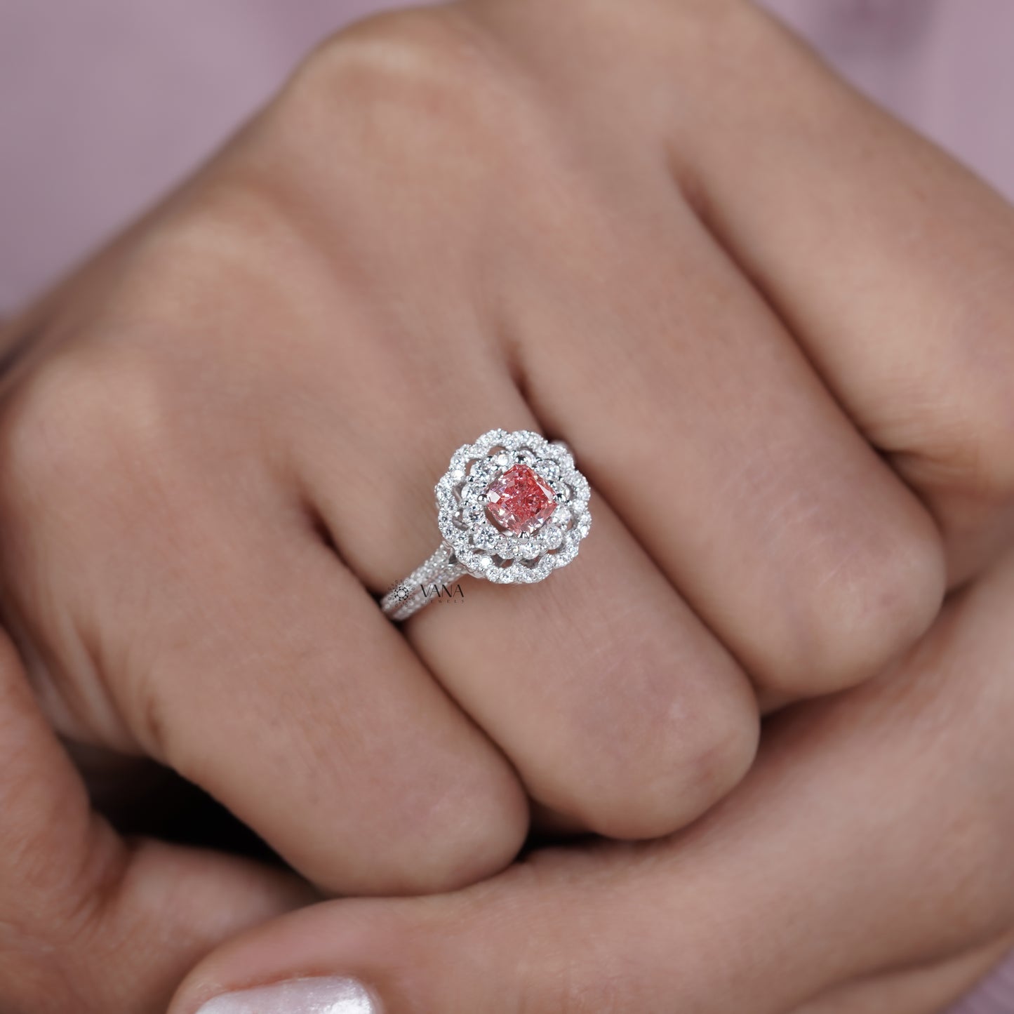 Vintage Floral Pink Cushion Lab Grown Diamond Engagement Ring with Double Halo Cathedral Setting