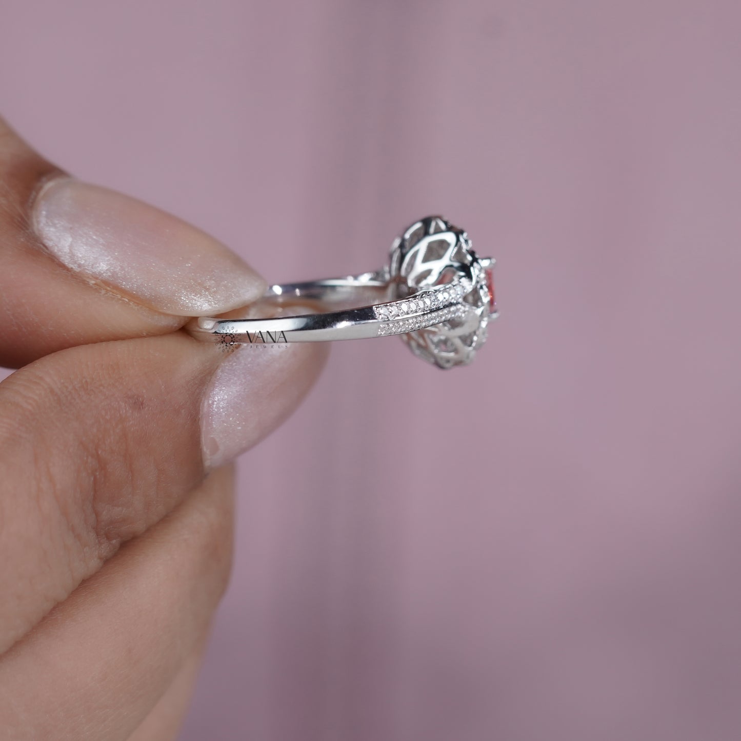 Vintage Floral Pink Cushion Lab Grown Diamond Engagement Ring with Double Halo Cathedral Setting